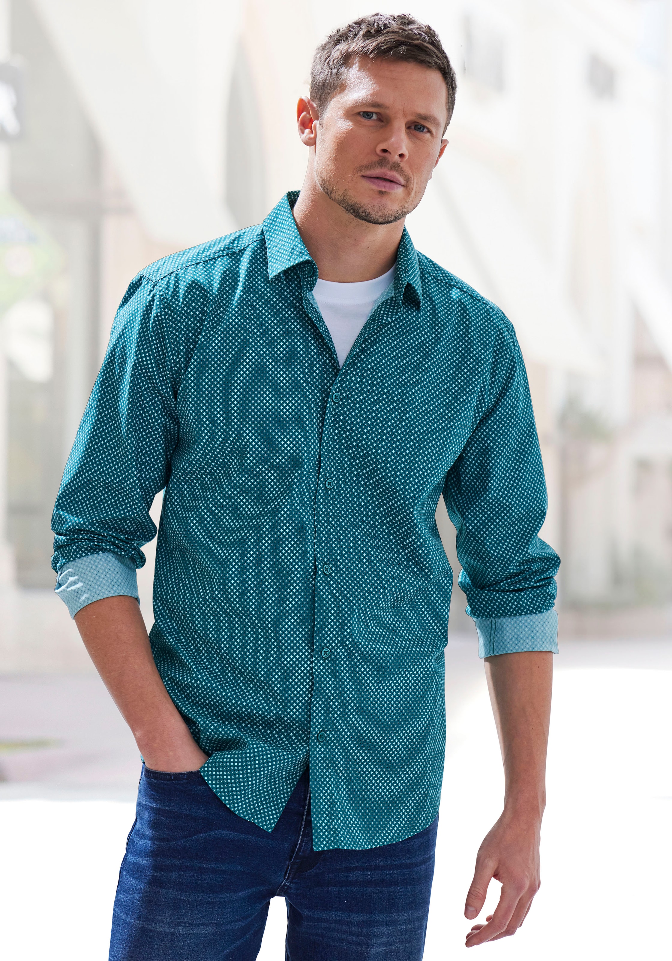 H.I.S Langarmhemd »Regular fit« mit Haifischkragen und allover Print aus reiner Baumwolle