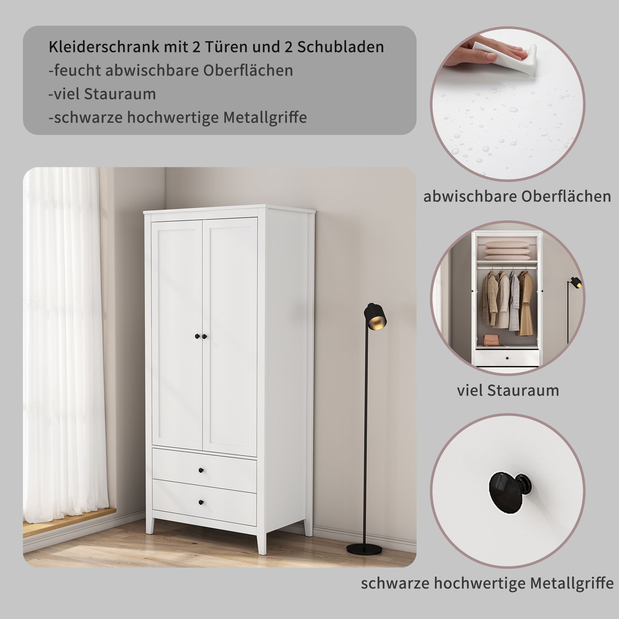 OTTO home Kleiderschrank »Borkum Schlafzimmerschrank Garderobe Landhaus Bestseller weiß« hochwertige schwarze Griffe aus Metall, 