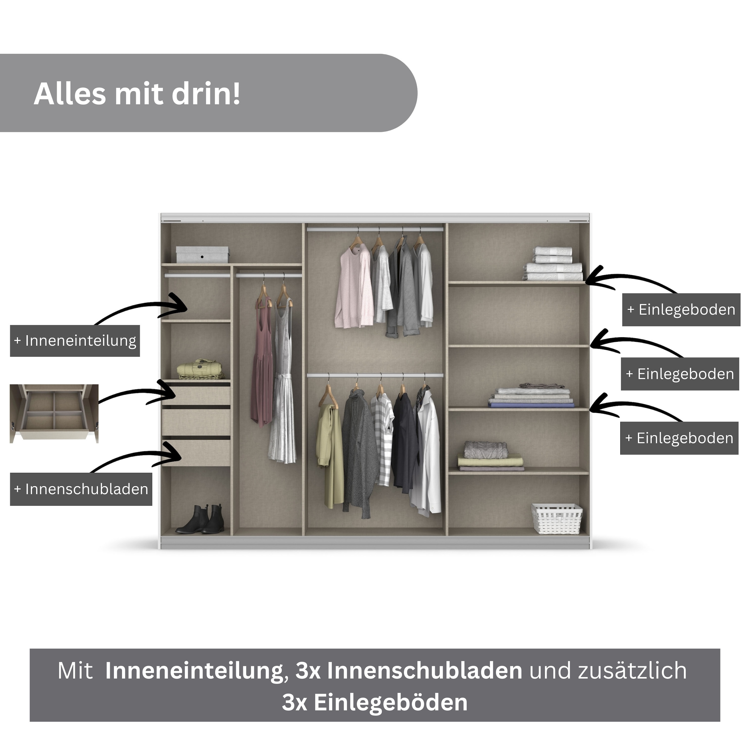 rauch Schwebetürenschrank »Kleiderschrank Schrank Garderobe TOPSELLER OTELI inkl. Inneneinteilung«, mit 3 Innenschubladen sowie zusätzlichen Einlegeböden MADE IN GERMANY