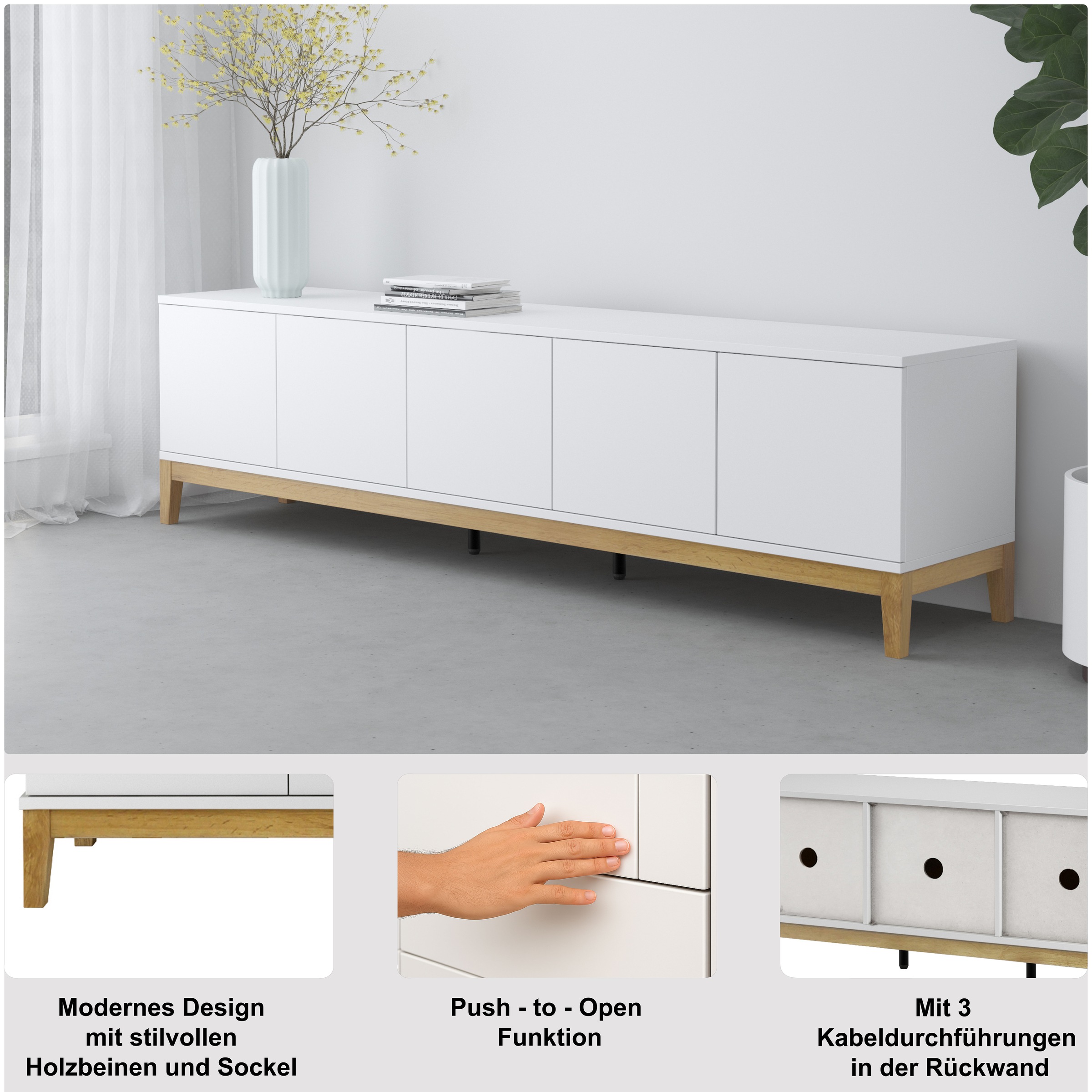 OTTO home Lowboard »Maryd« TV-Kommode mit Kabeldurchführung, Push-to-Open Funktion, Breite 200 cm