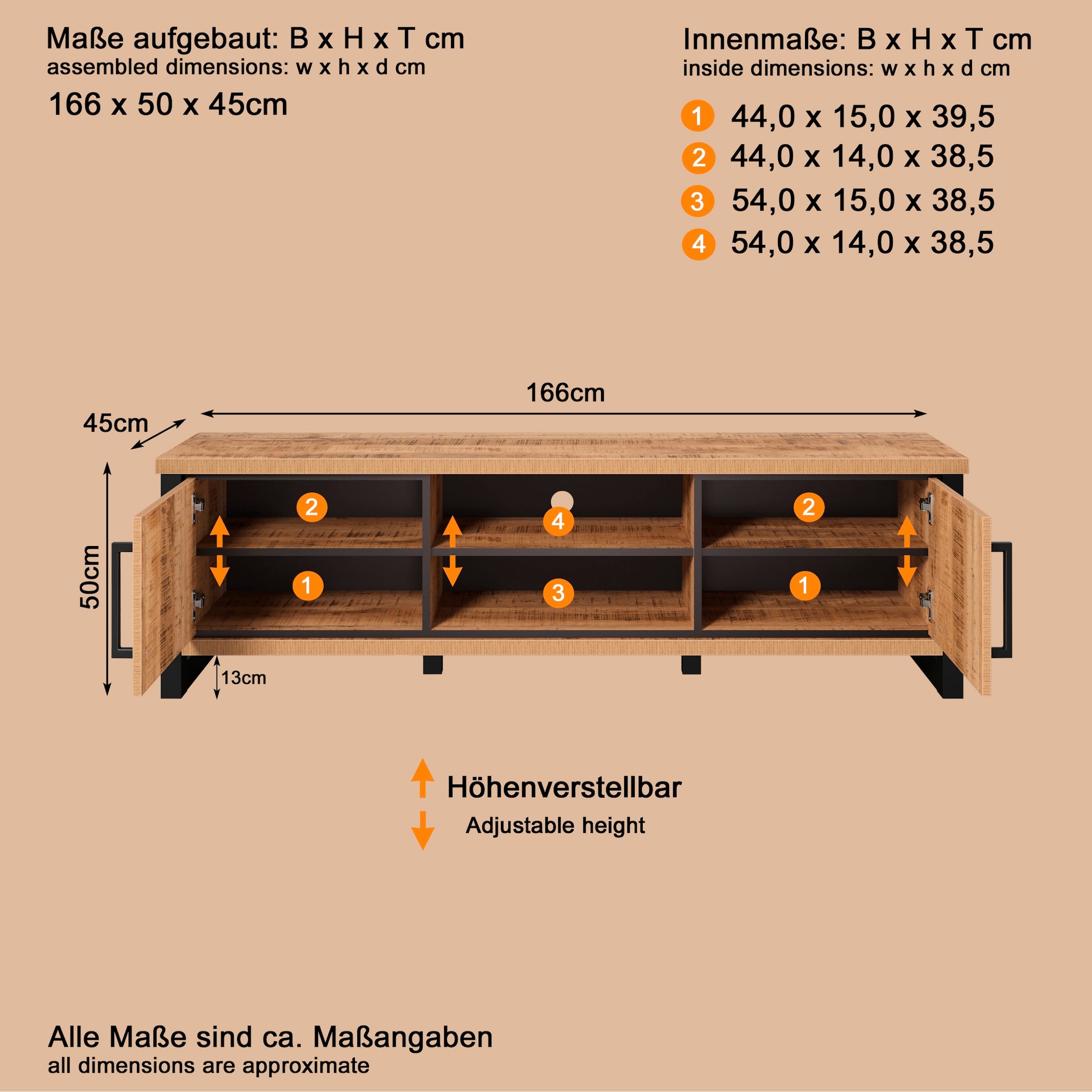 Home affaire Lowboard »Elda« 1 Stk. tlg. TV Lowboard mit 2 Türen und 2 offenen Fächern – (B/T/H) 166/45/50 cm