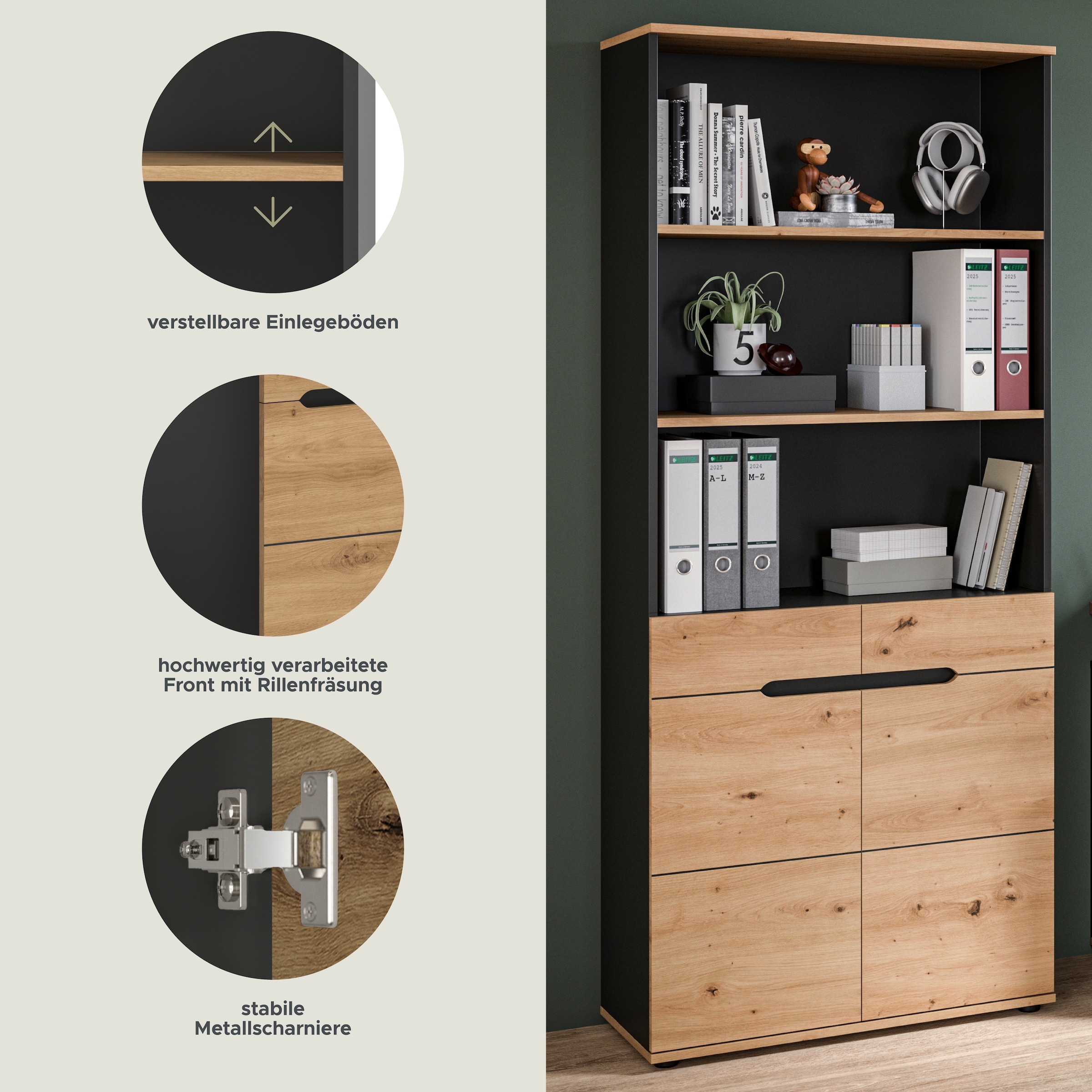 Home affaire Aktenschrank »REHAT, Büroschrank« bietet viel Stauraum für ca. 35 Aktenordner,  5 Fächer, 3 feste & 1 variabler Boden, Höhe: 190cm, Breite: 80cm