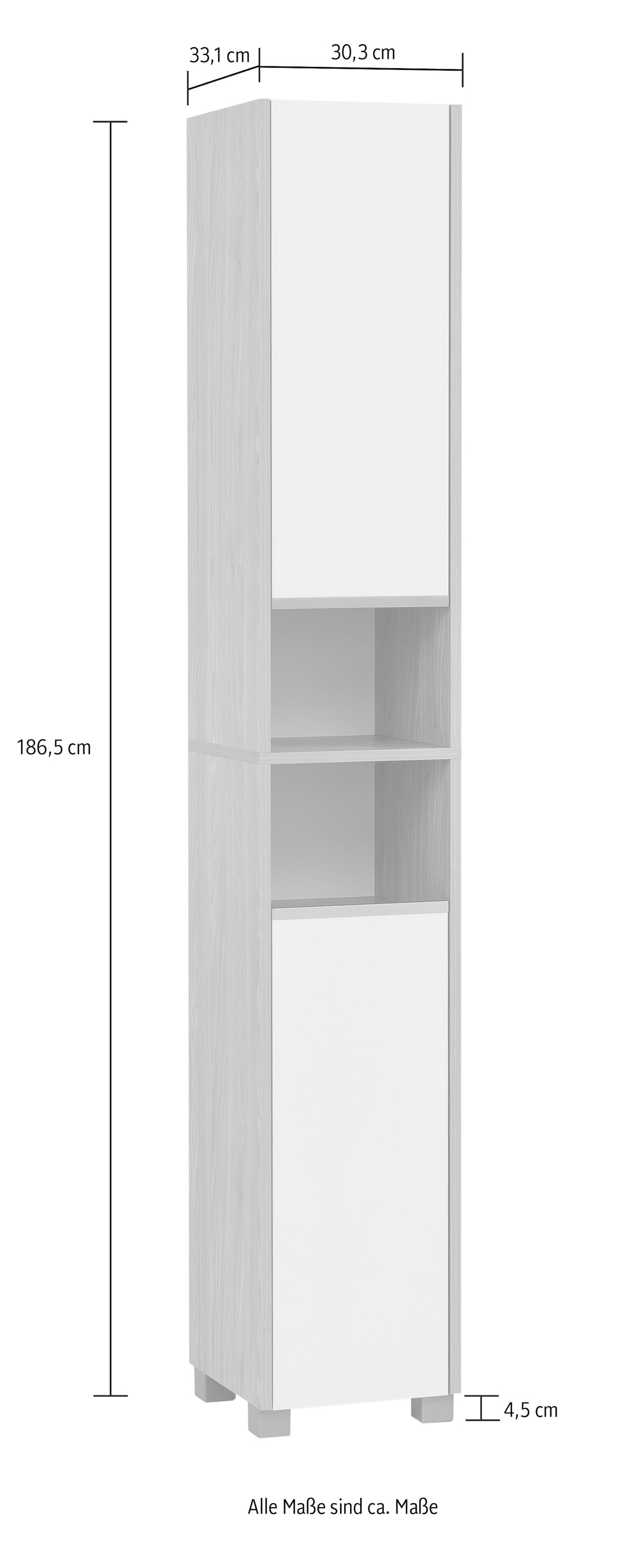 welltime Hochschrank »Juba Beite 30,3 cm«, Eiche Hell Dekor mit fühlbarer Holzstruktur, Beschläge aus Metall