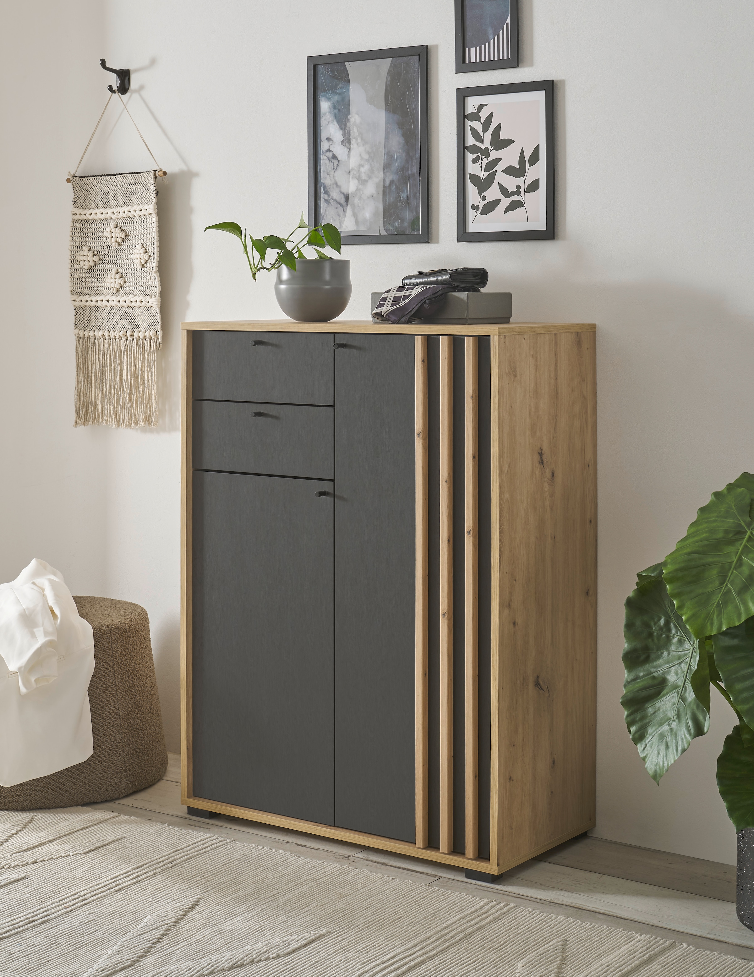 HBZ Garderoben-Set »5-tlg. Eiche MDF Stripes Flurgarderobe Stellmaß BxHxT 230x196x38 cm«, (5 St.), Mit Schuhkommode, Hochschrank, Bank, Paneel, Spiegel