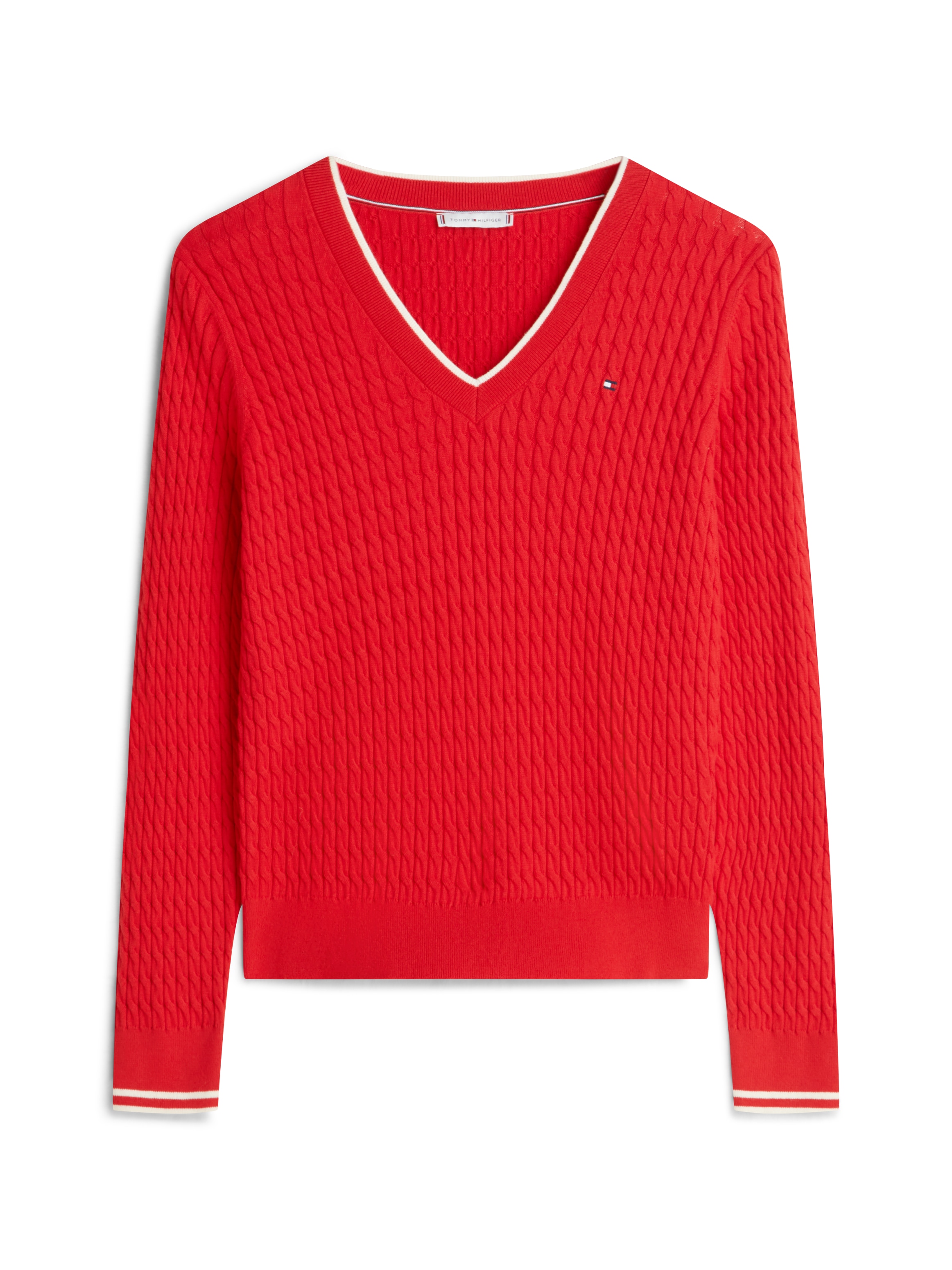 Tommy Hilfiger V-Ausschnitt-Pullover »CO CABLE V-NK LS SWT« mit Zopfmuster, Logostickerei