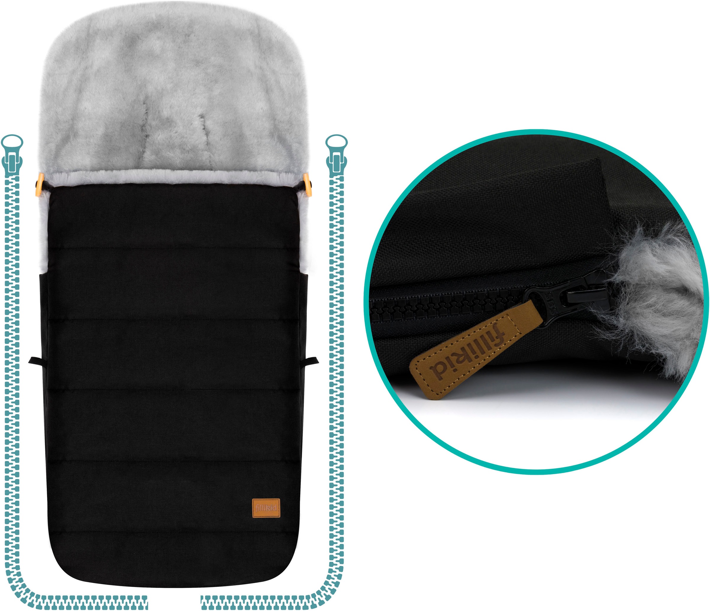 Fillikid Fußsack »Bernina Alpina, schwarz, Lammfell grau, Winterfußsack«
