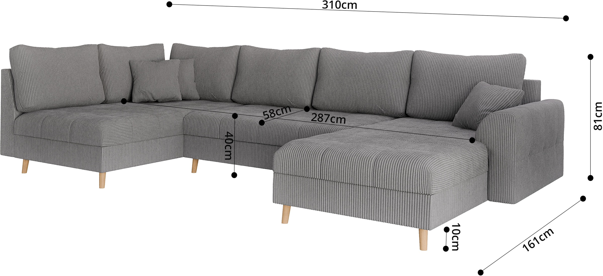 Home affaire Wohnlandschaft »CHARRE U-Form mit Ottomane, Maße B/T/H: 310/161/81 cm«, feine Steppung, lose Rücken- und Zierkissen, auch in Cord und Bouclé