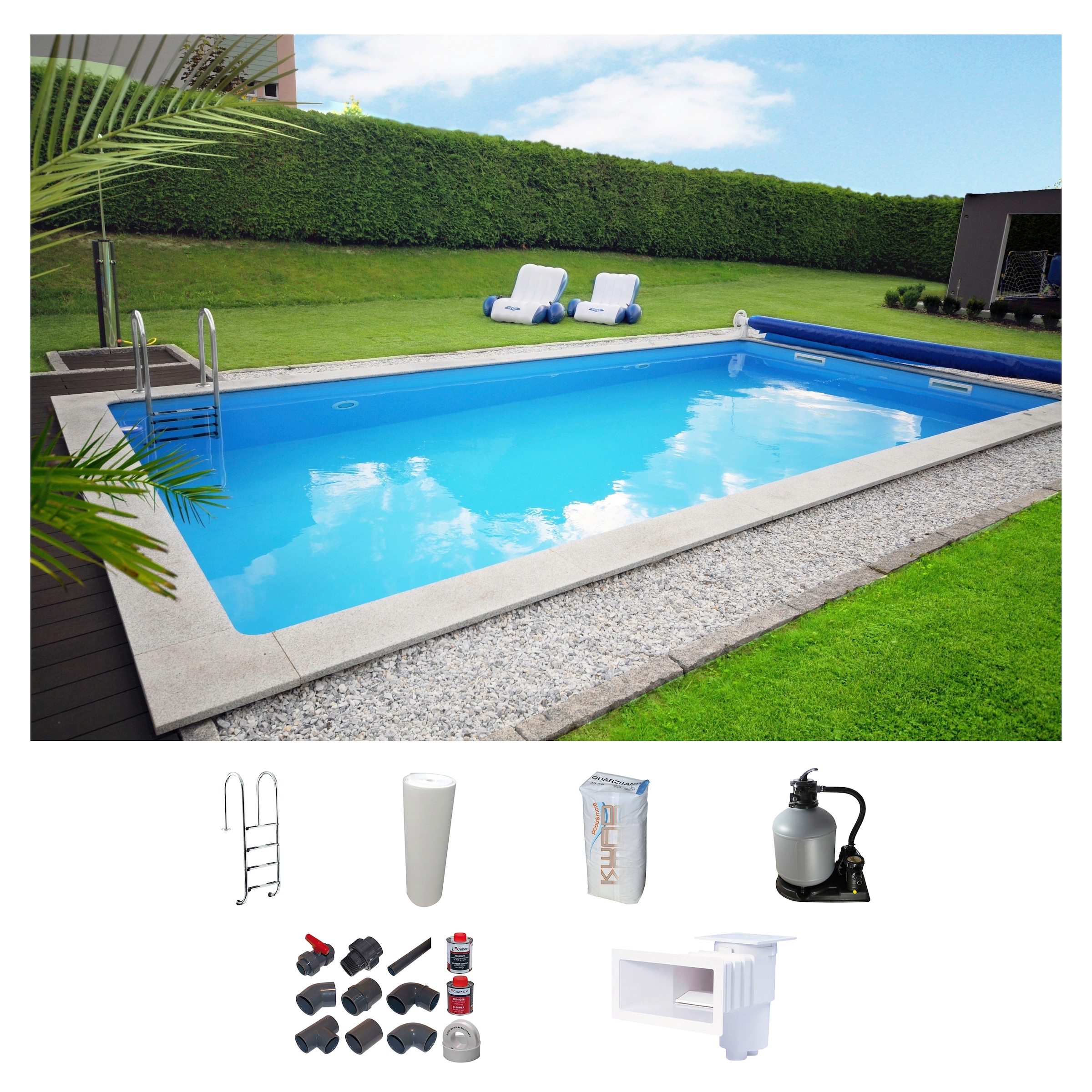 KWAD Rechteckpool »mit Edelstahlleiter«, (Set), 8x4, 7x3,5 oder 6x3m Höhe: 1,50m, mit Foliensack 0,6mm