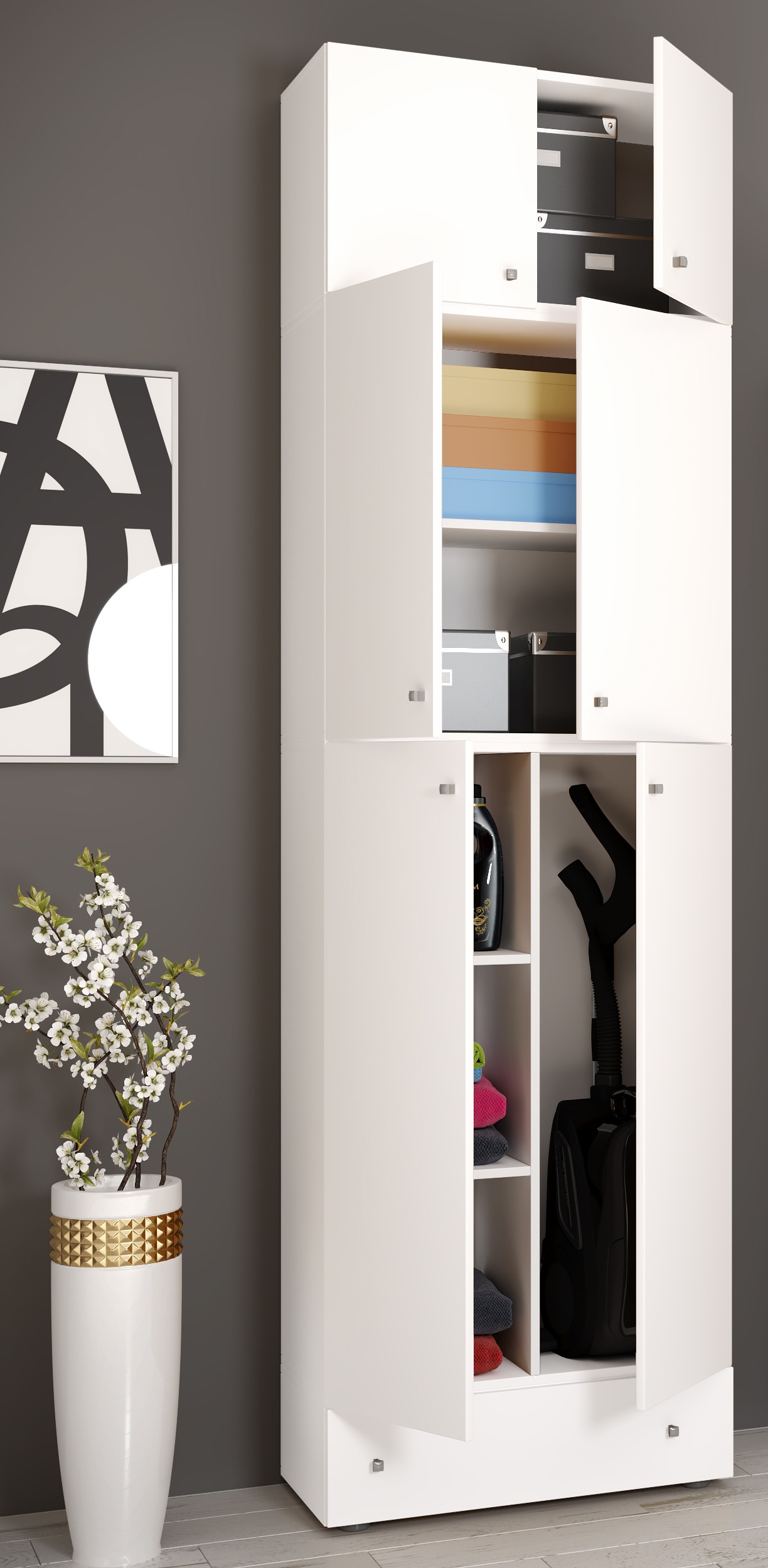 VCM Mehrzweckschrank »VCM Holz Besenschrank | 6 Fächer | Maße: H. 240 x B. 70 x T. 39 cm | Haushaltsschrank | Mehrzweckschrank | Aufsatz mit 2 Türen | Extra Schublade - Lona«, (1 St.)
