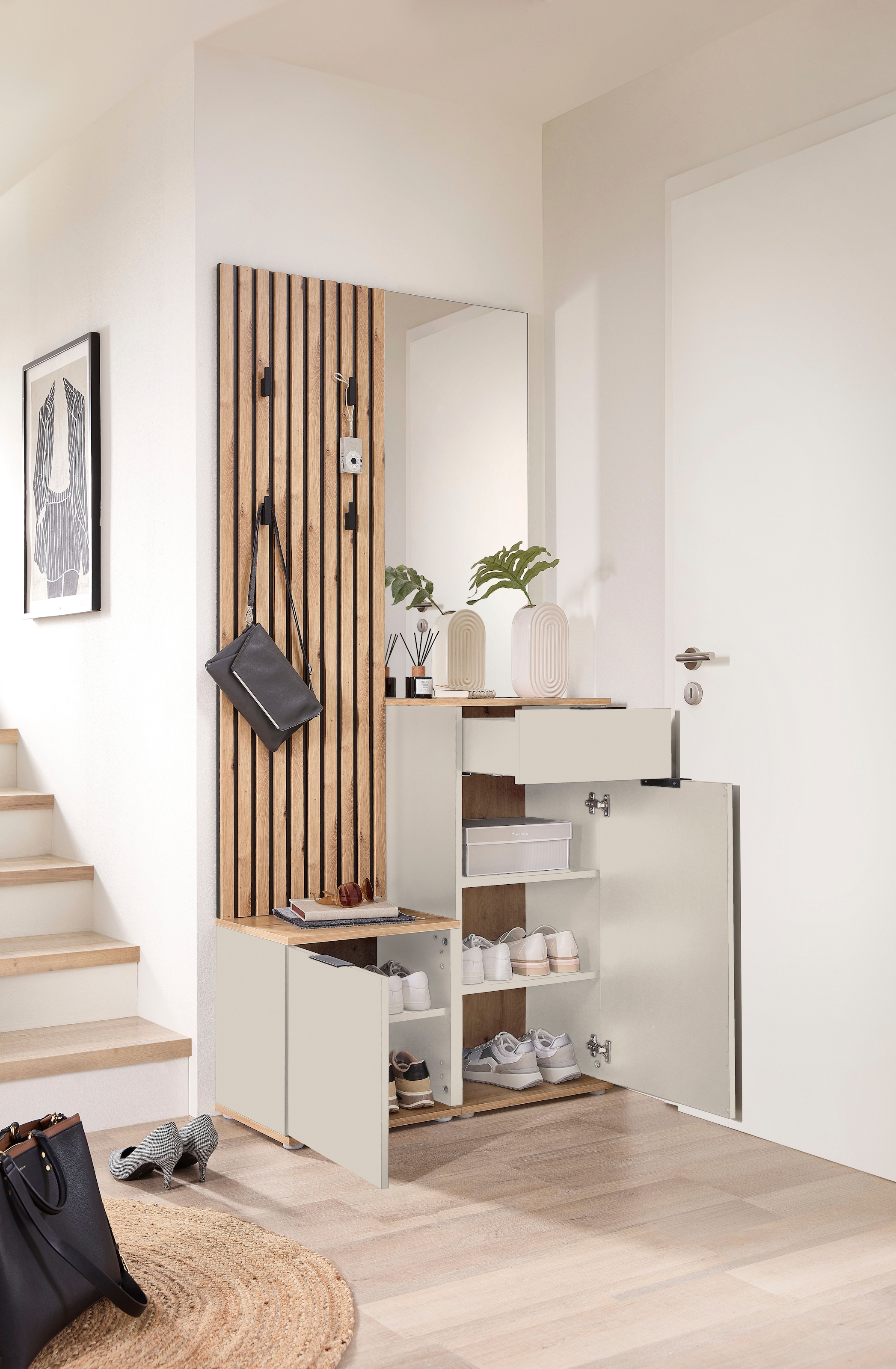 HBZ Kompaktgarderobe »Simple mit Spiegel, Flurgarderobe BxHxT 88x195x35 cm« 4 Stk. tlg. mit Bank, Paneel, Schuhkommode mit Schubkasten und Spiegel