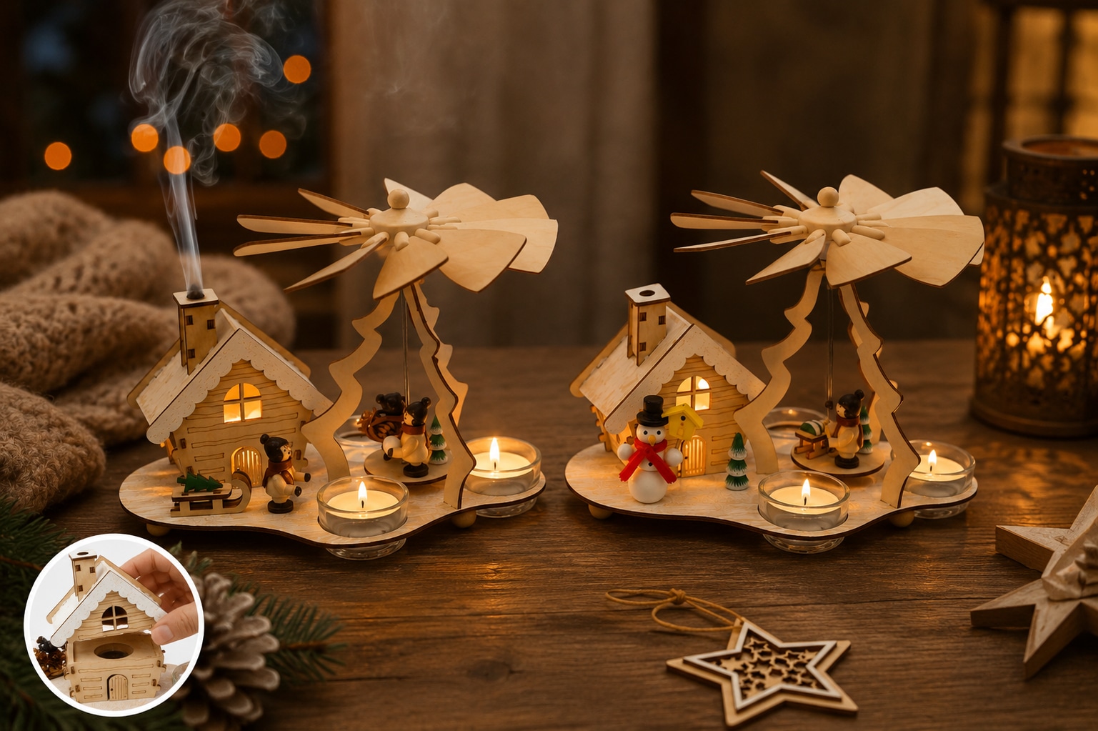 OTTO home Weihnachtsszene »Pyramide und Räucherhaus für Teelichter, 2er-Set« 6-Stunden Timer, gratis Holzanhänger, weihnachtliche Dekoration
