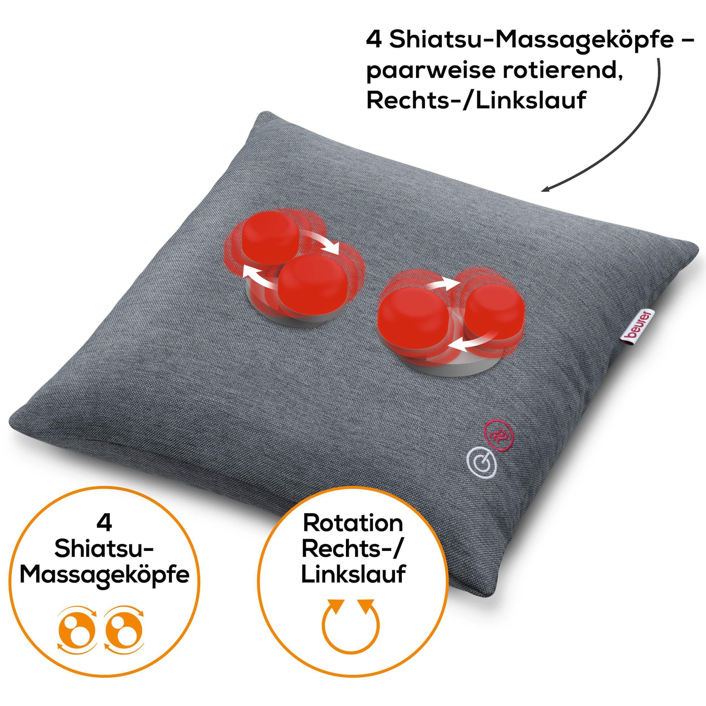 BEURER Massagekissen »MG 135 Shiatsu-Massagegerät mit zuschaltbarer Wärmefunktion«, Mit 4 Massageköpfen für eine entspannende Massage