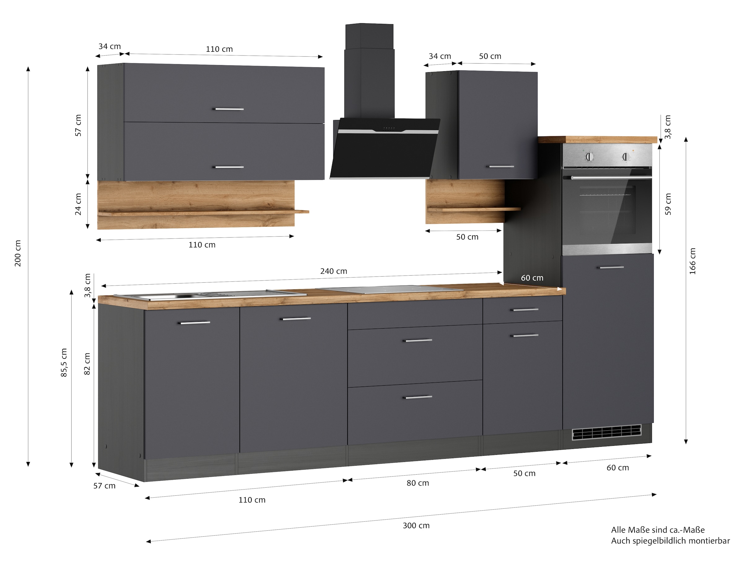 KOCHSTATION Küchenzeile »KS-Milan« 300 cm breit, robuste Metallauszüge, viel Stauraum