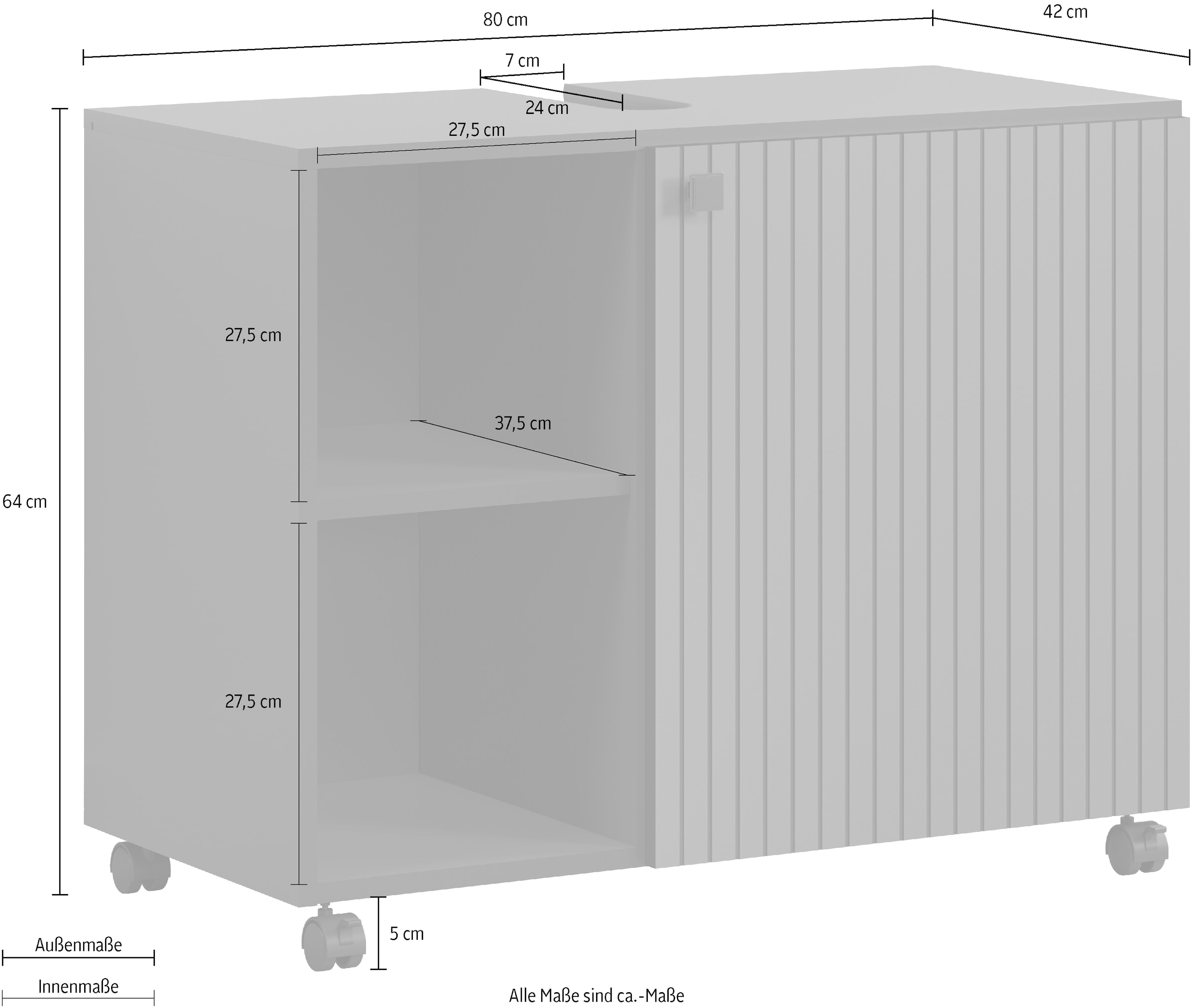 welltime Waschbeckenunterschrank »Amrum«, (1 St.), Waschtisch auf Rollen - (B/T/H) wahlweise 60-80/42/64 cm