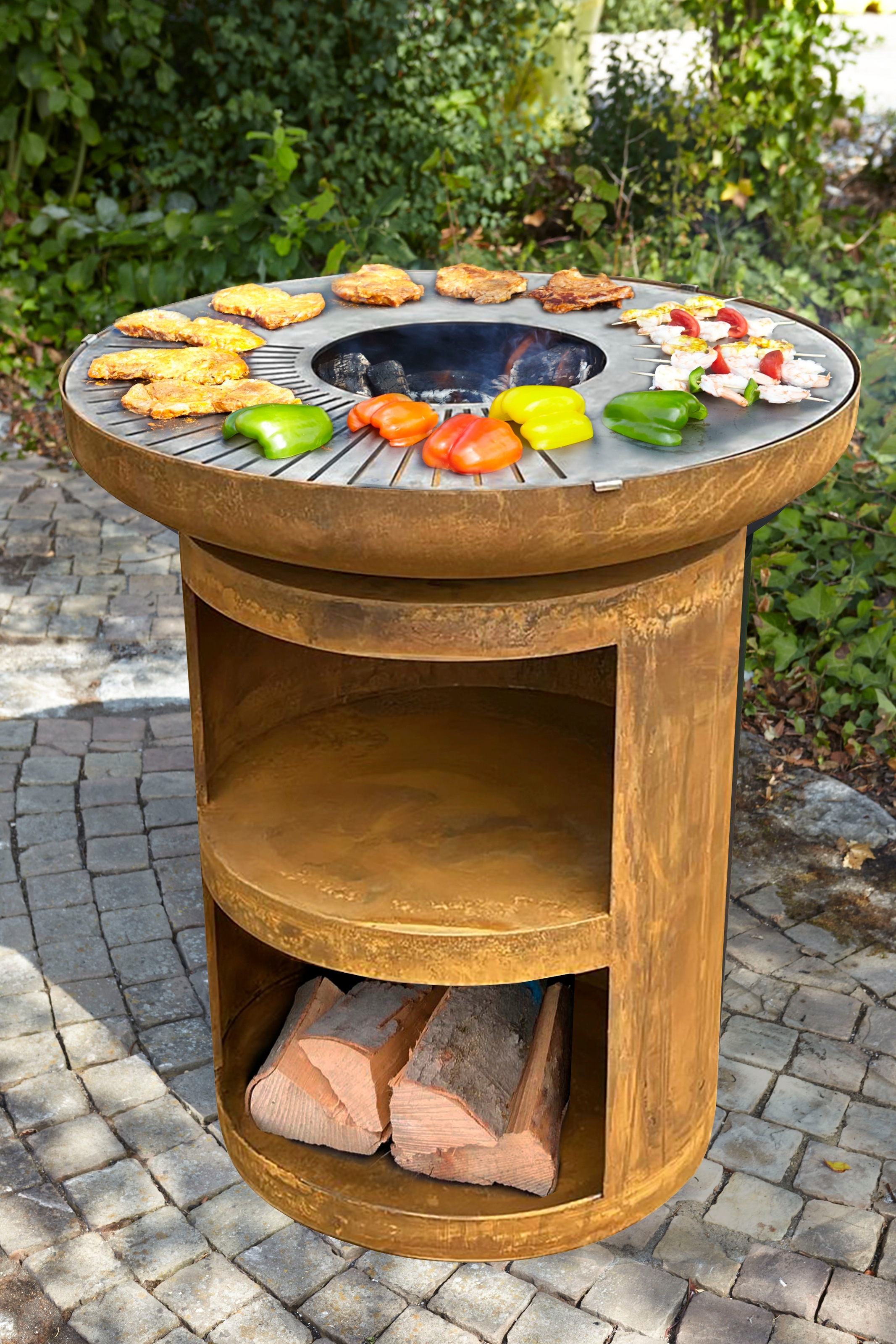 Buschbeck Holzkohlegrill »Karuk«, ØxH: 80x98 cm, Plancha-Grill mit Rostoptik und Edelstahl-Grillring
