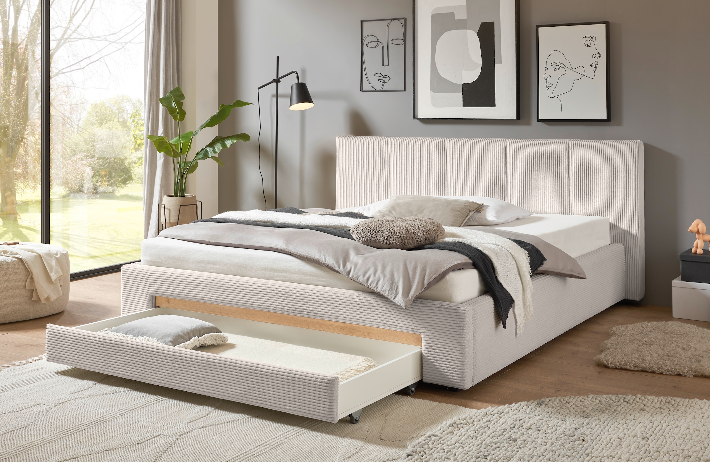 Home affaire Polsterbett »CiTY/GiRON, Bettgestell mit Bettkasten, gepolstertes Stauraumbett« mit Hundebett oder Stauraumschublade, Bezug Cord-oder Leinenoptik