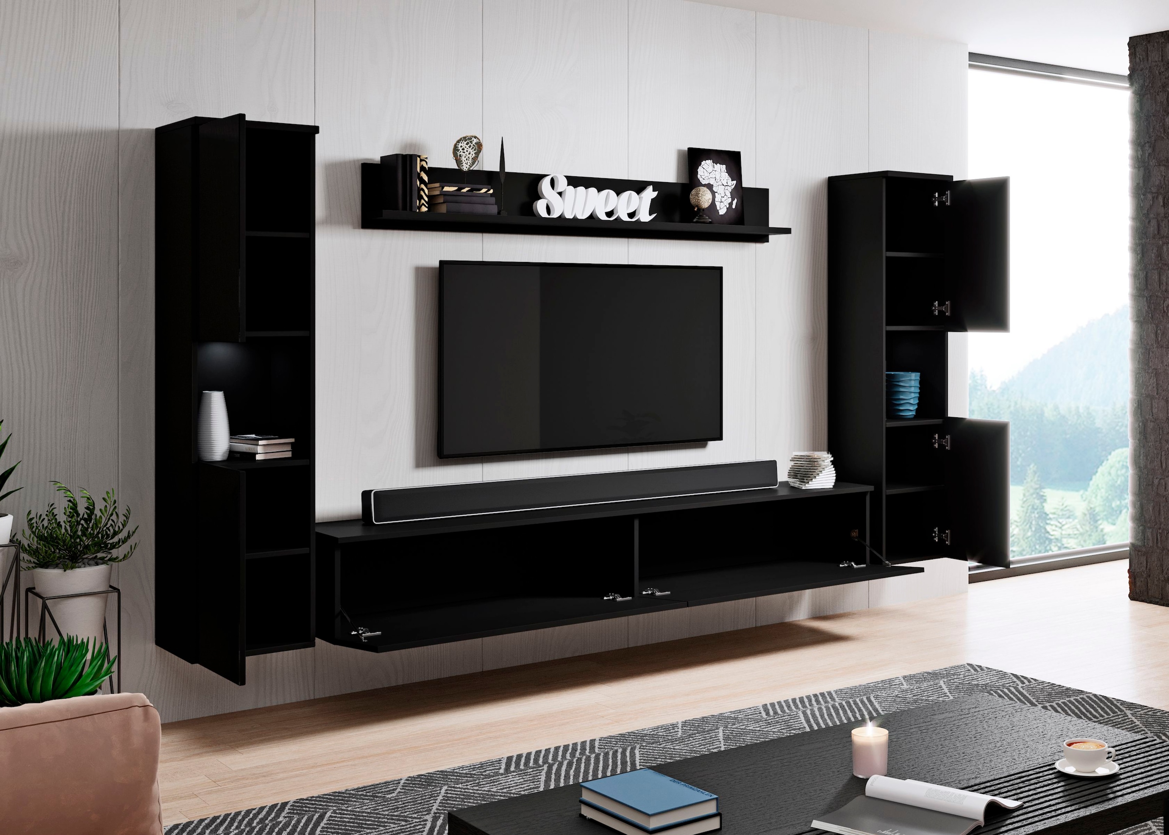 INOSIGN Wohnwand »PARIS«, (Komplett-Set, 4 St.), TV-Wand 260cm breite, grifflose Design, stehend und hängend montierbar