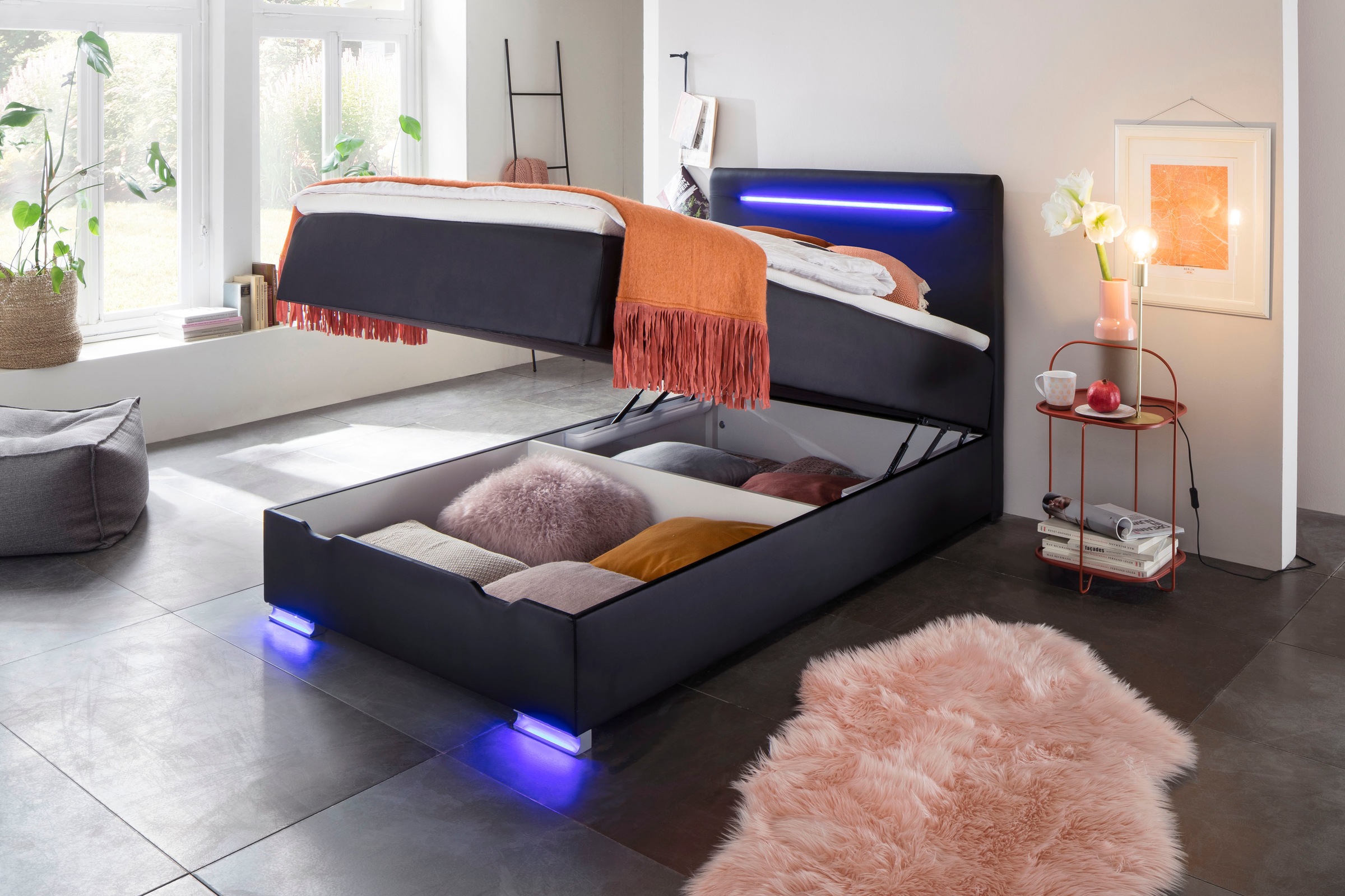 meise.möbel Boxspringbett »Las Vegas«, Füße und Kopfteil mit LED-Beleuchtung, mit Bettkasten und Topper