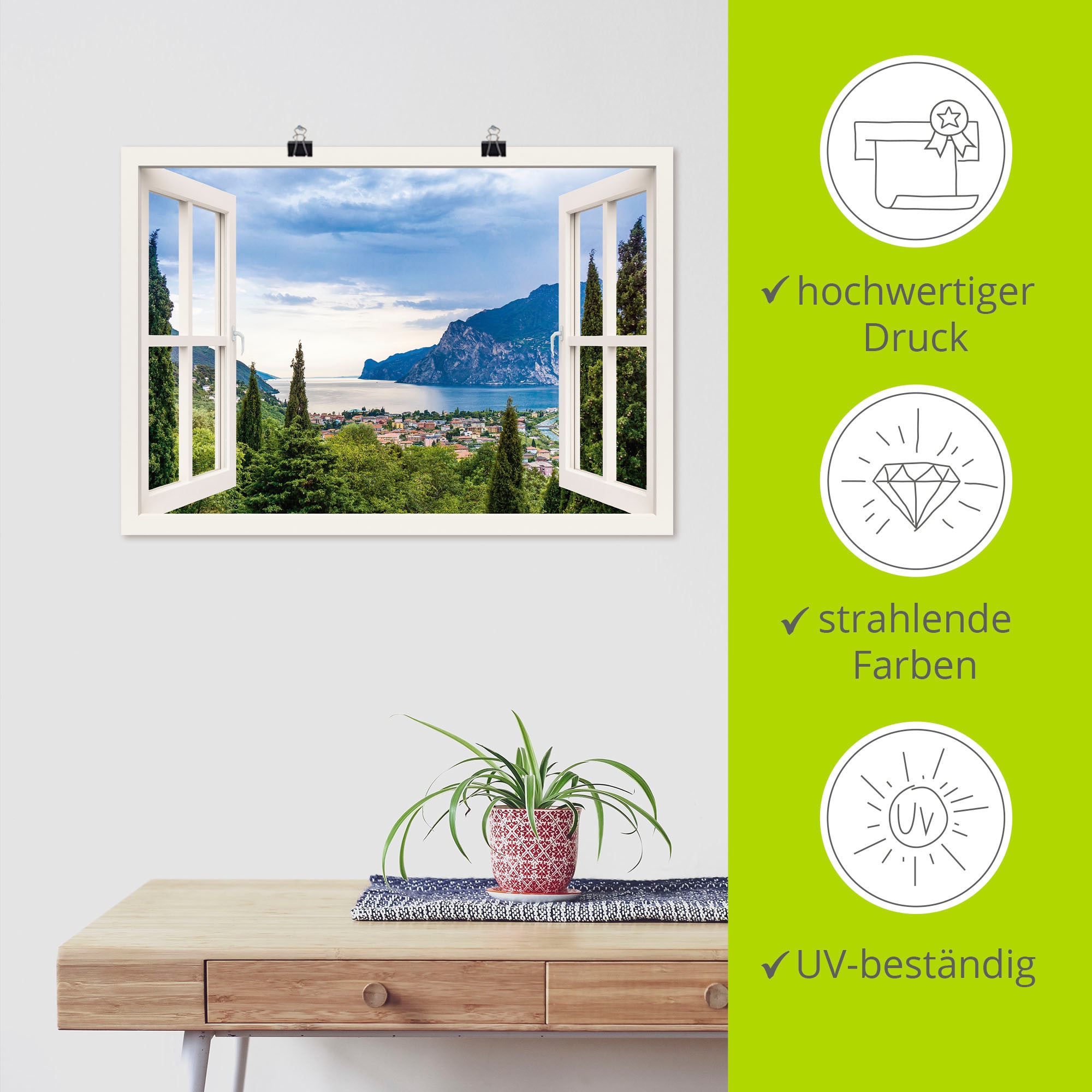 Artland Wandbild »Gardasee durchs weiße Fenster« Seebilder 1 Stk. tlg. als Alubild, Leinwandbild, Poster in verschied. Größen
