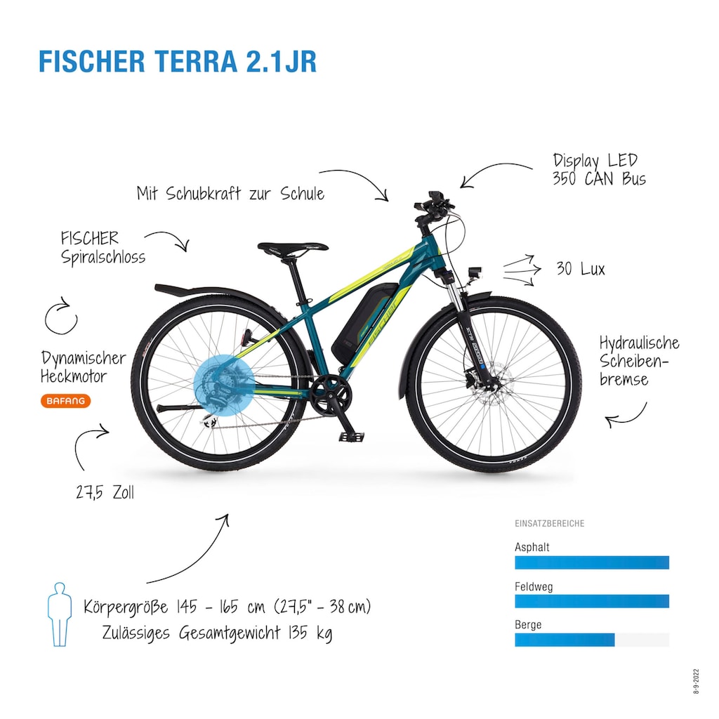 FISCHER Fahrrad E-Bike »TERRA 2.1 Junior 422«, 8 Gang
