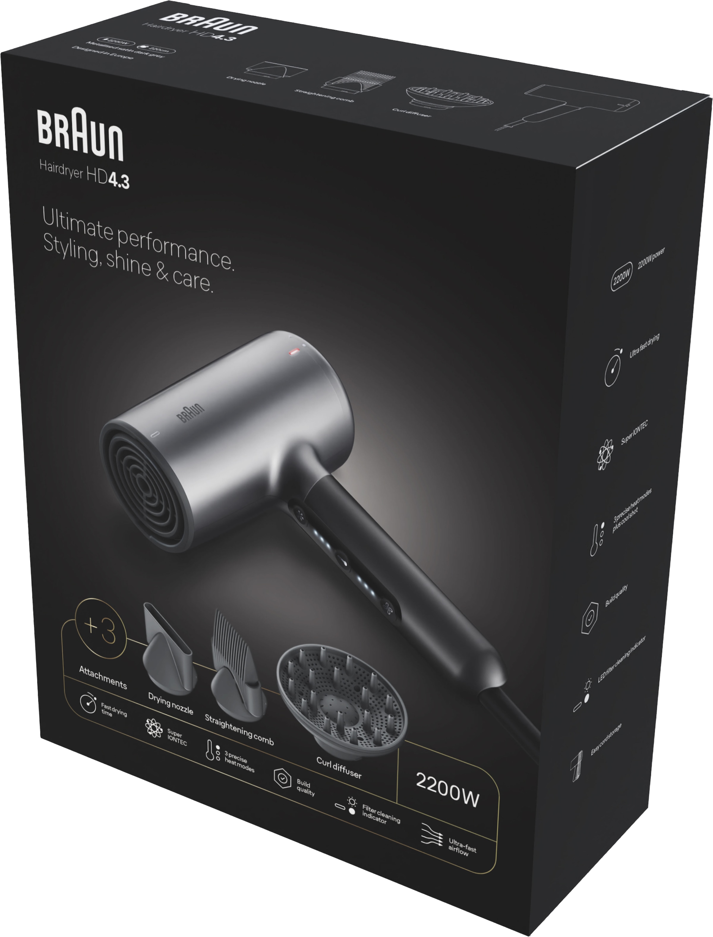 Braun Haartrockner »Haartrockner HD4.3 mit 3 Aufsätzen inkl. Diffusor, BRHD435E« 2.200 W 3 Aufsätze 2200W, Föhn mit Ionen-Technologie, NTC-Technologie gegen Hitzeschäden