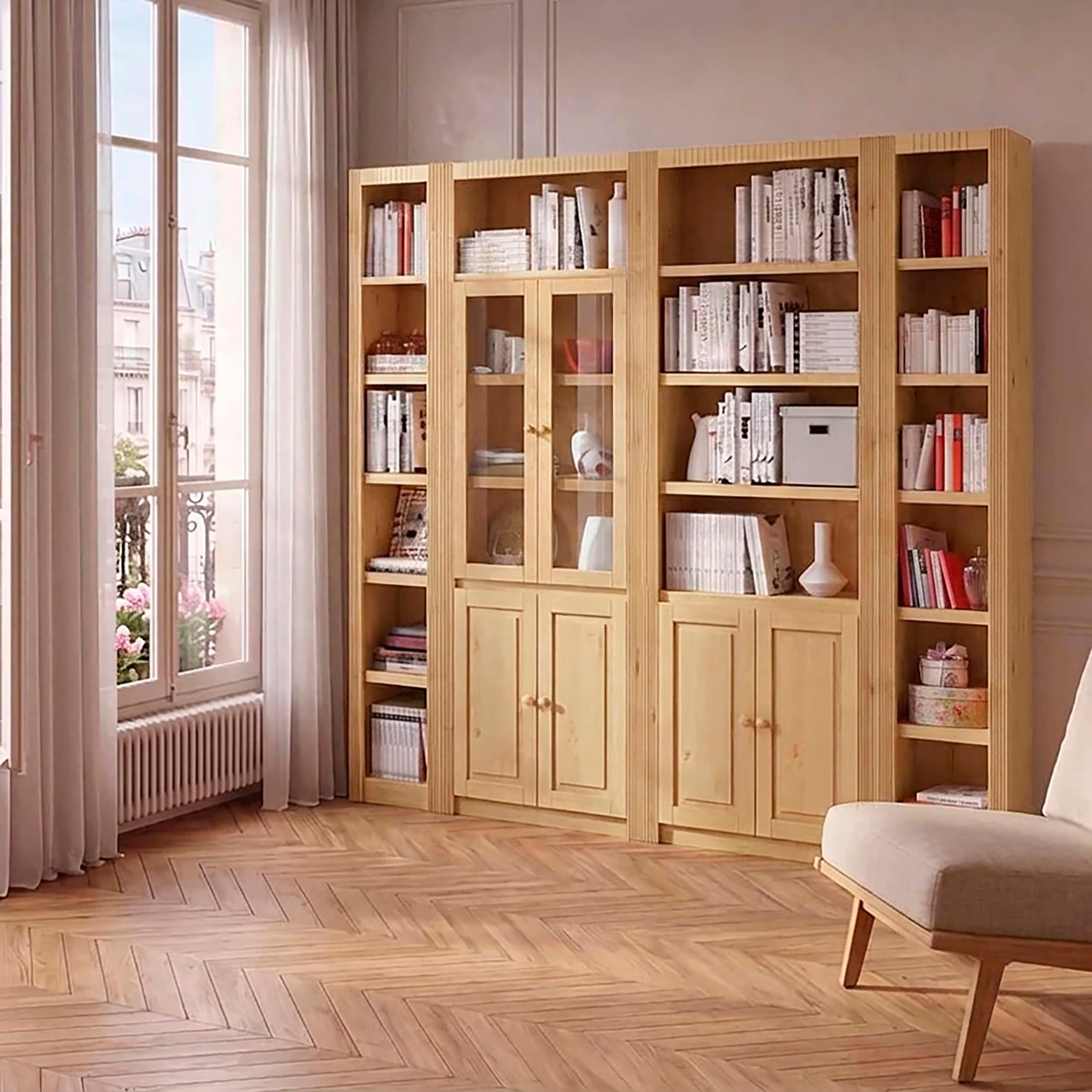 OTTO home Bücherwand »Bergen Bücherregal mit 1 Vitrine, offene und geschlossene Fächer« massives Kiefernholz, natürlichen Maserung, Knopfgriffe, Breite 255 cm