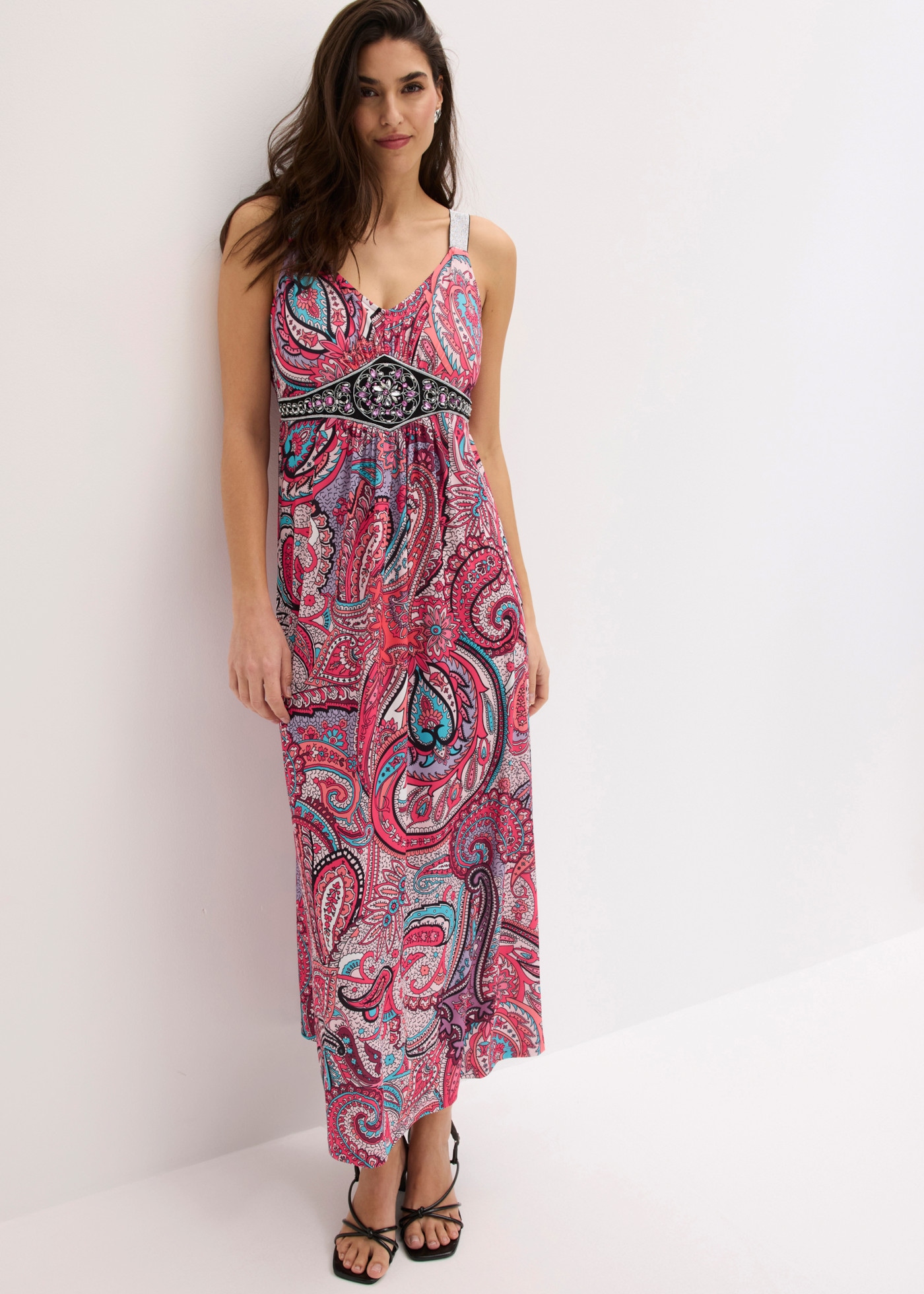 bonprix Maxikleid »Maxikleid mit Applikationen« ohne Ärmel, elastisches Material, schmale Passform