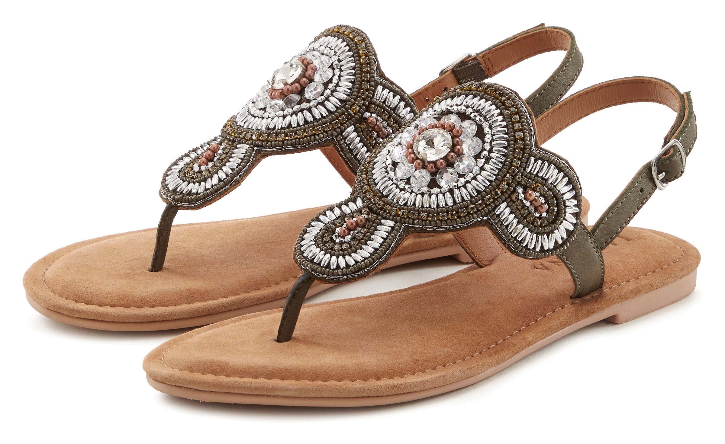 LASCANA Zehentrenner, Sandale, Pantolette in Glitzer-Optik und softer Lederinnensohle