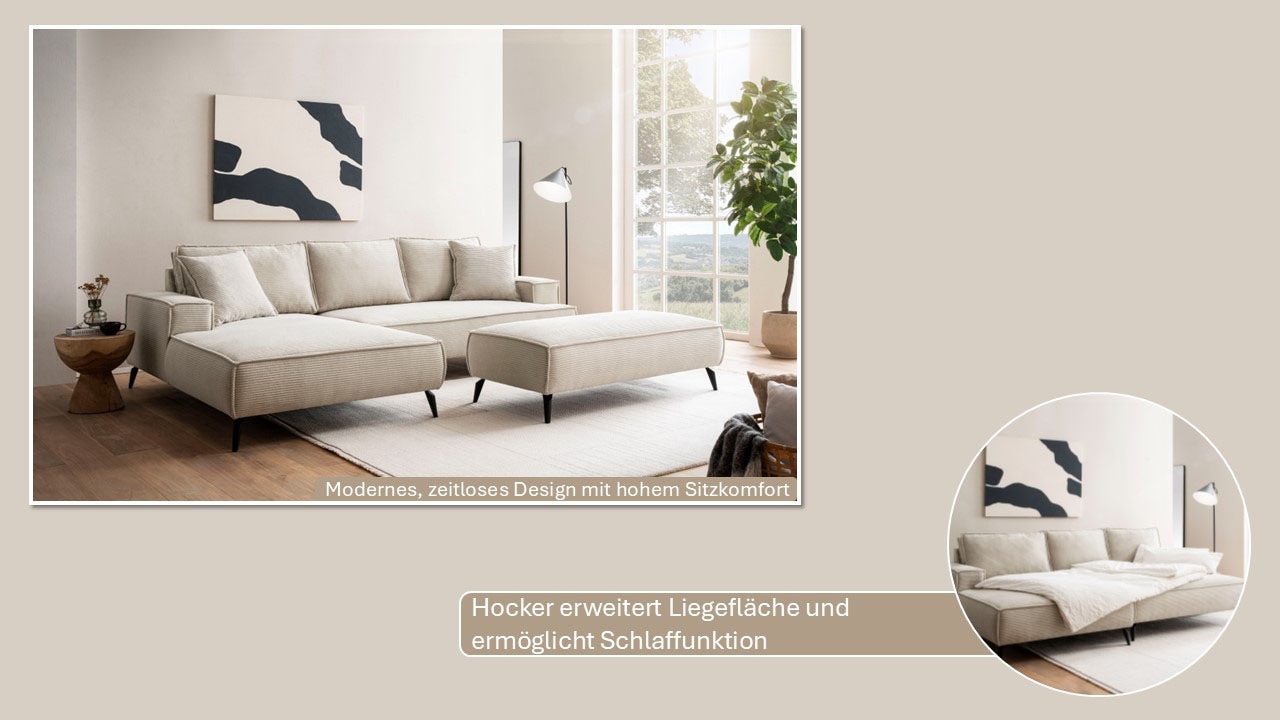 andas Ecksofa »TVINNU, L-Form in Cord, Sofa«, wahlweise Recamiere rechts/links, schwarze Füße, bequemer Sitzkomfort