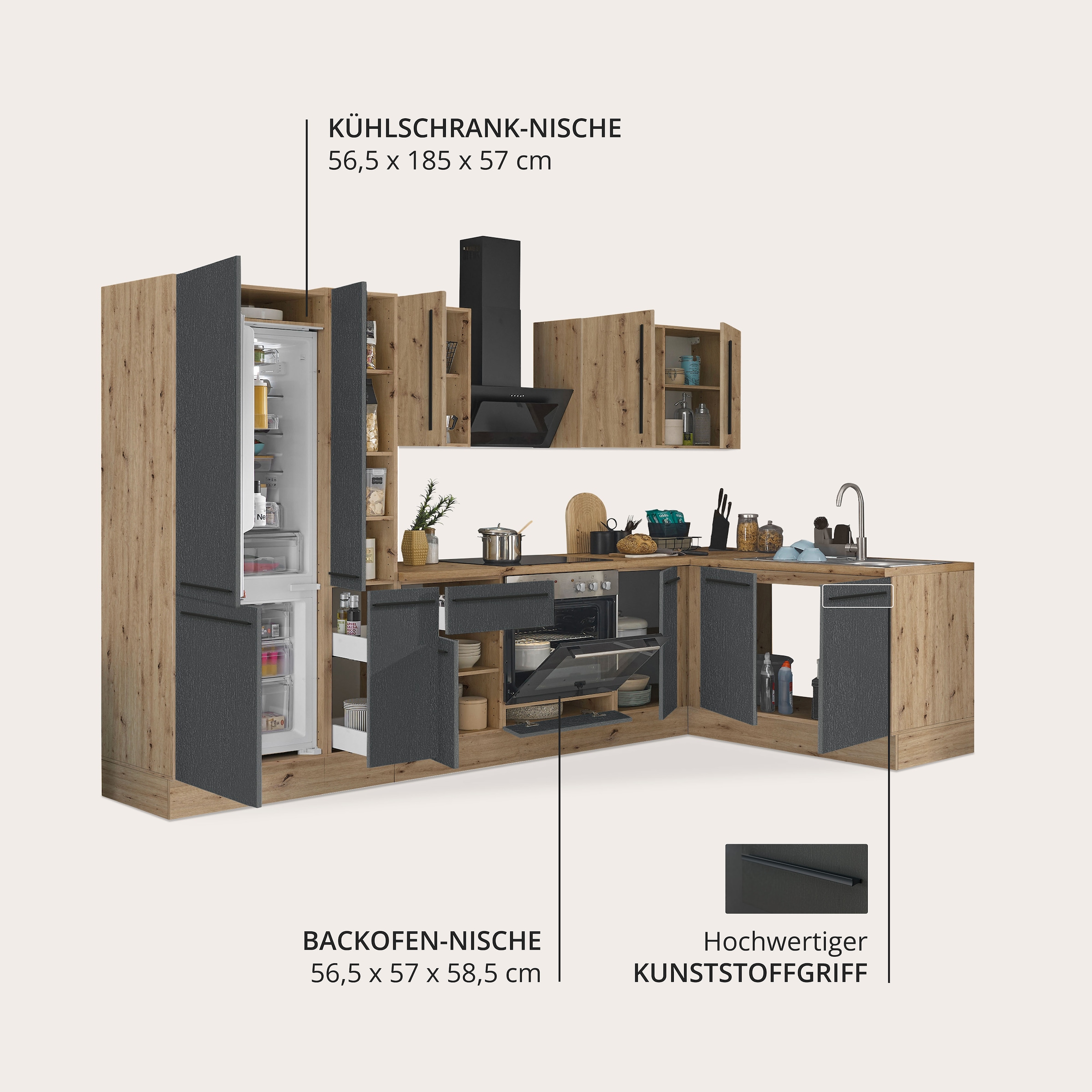 KOCHSTATION Winkelküche »Florida, Stellbreite 300x165 cm« wahlweise mit E-Geräten, mit Softclose für Türen und Schubkästen