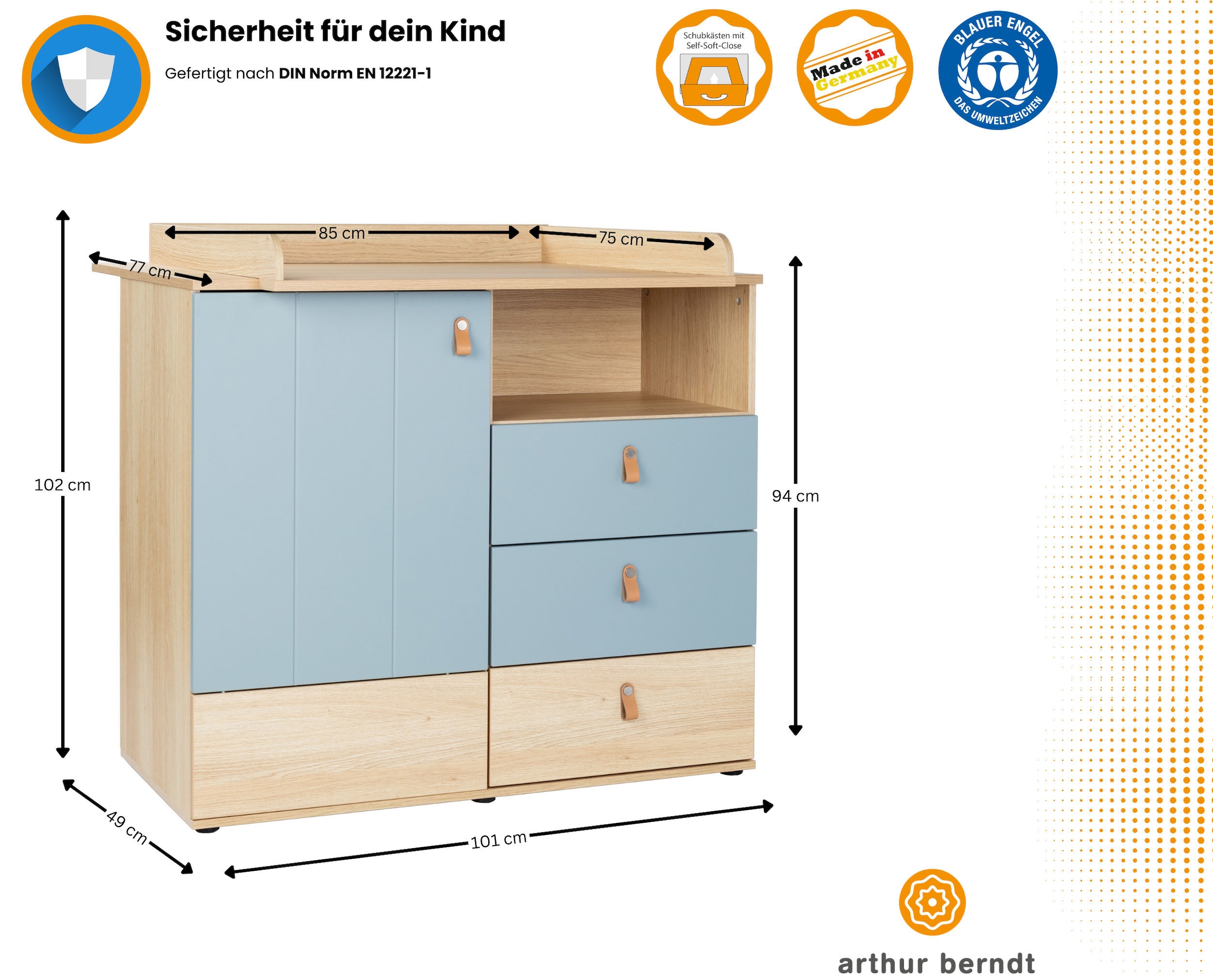 arthur berndt Babyzimmer-Komplettset »Babyzimmer-Set »Roofy« 3-teilig mit 2-türigem Kleiderschrank«, (Set, 3 tlg., Babymöbel-Set »Roofy« Kleiderschrank,Kinderbett+Wickelkommode)