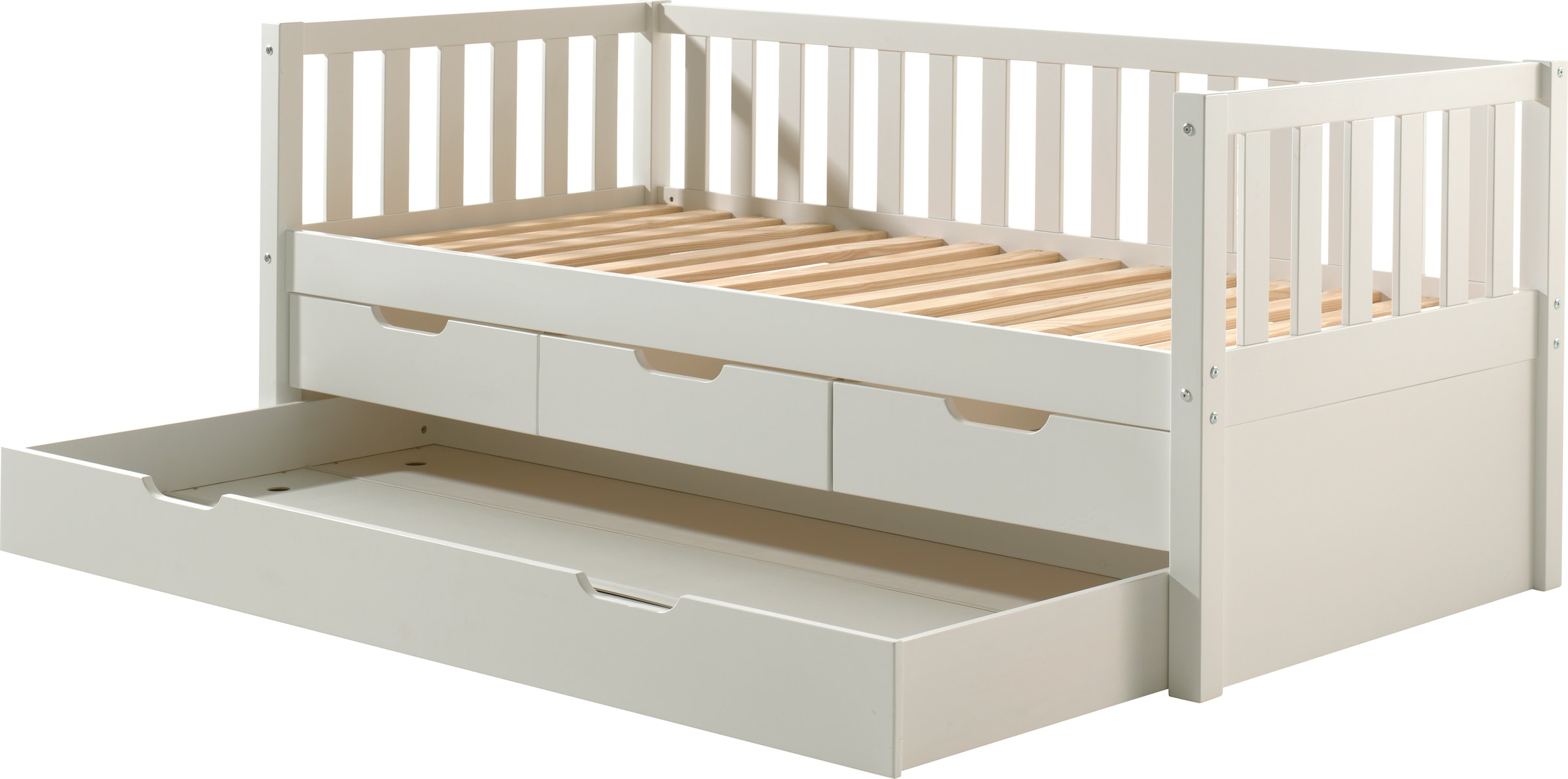 Vipack Einzelbett »mit Schubladen, Kiefer massiv, viel Stauraum und zeitloses Design«, (B/H/T ca. 211,2x85,5x97,8cm, Ausf. Milky Pine oder Weiß), inkl. Rolllattenrost, mit oder ohne Bettschublade