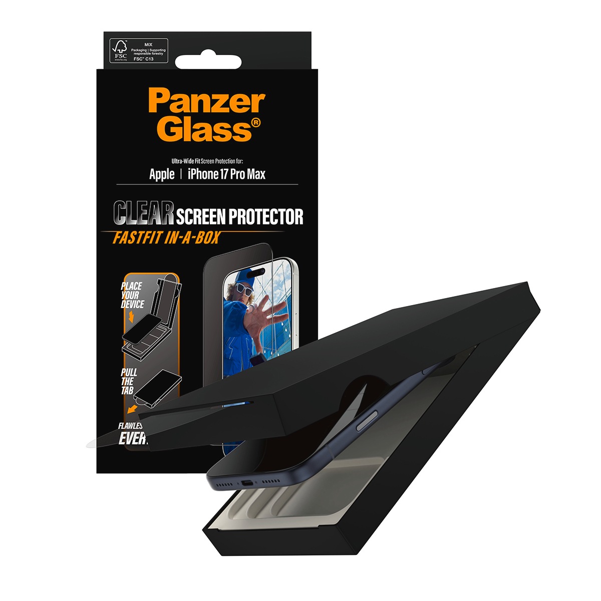 CARE by PanzerGlass Displayschutzglas »Ultra-Wide Fit Screen Protector FASTFIT IN-A-BOX« für Apple iPhone 17 Pro Max Displayschutzfolie, Schutzfolie, Bildschirmschutz, kratz- & stoßfest