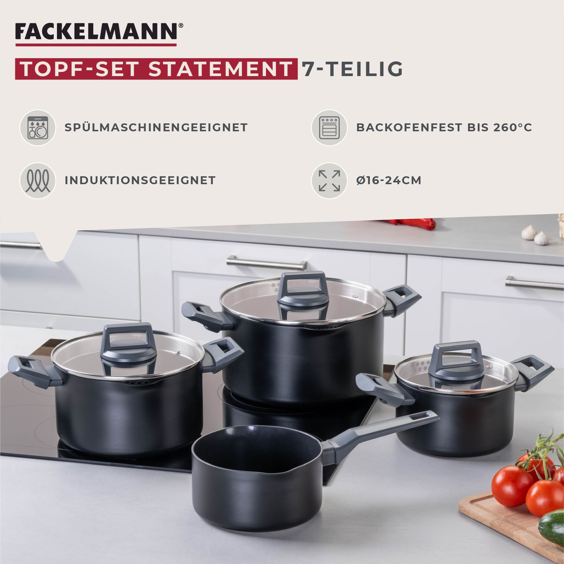 FACKELMANN Topf-Set »Statement«, Aluminium, (Set, 7 tlg.), Deckel mit Abgießfunktion