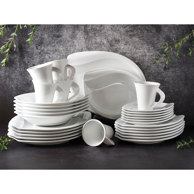 CreaTable Kombiservice »Geschirr-Set ACACIA«, (Set, 30 tlg., Kaffeeservice  und Tafelservice im Set, für 6 Personen), Service, weiß, extravagantes Form,  30 Teile, für 6 Personen mit 3 Jahren XXL Garantie