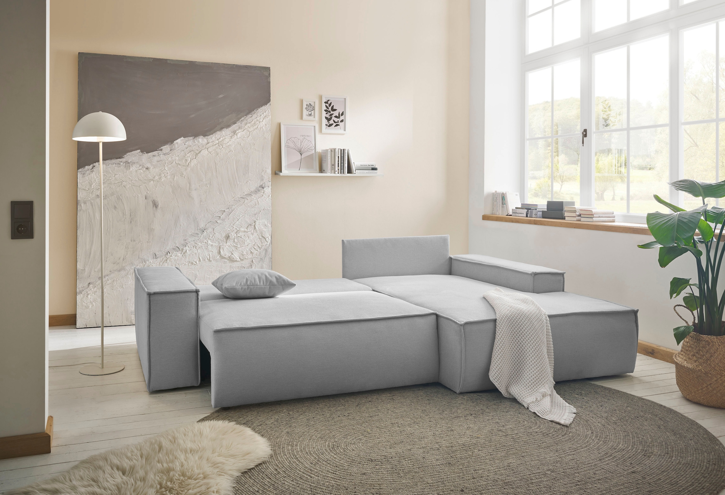 andas Ecksofa »Finnley Schlafsofa 267 cm in Bouclé, Struktur fein u. Cord, L-Form,«, Schlaffunktion m. Bettkasten (136/210 cm), Bouclé, Struktur und Cord