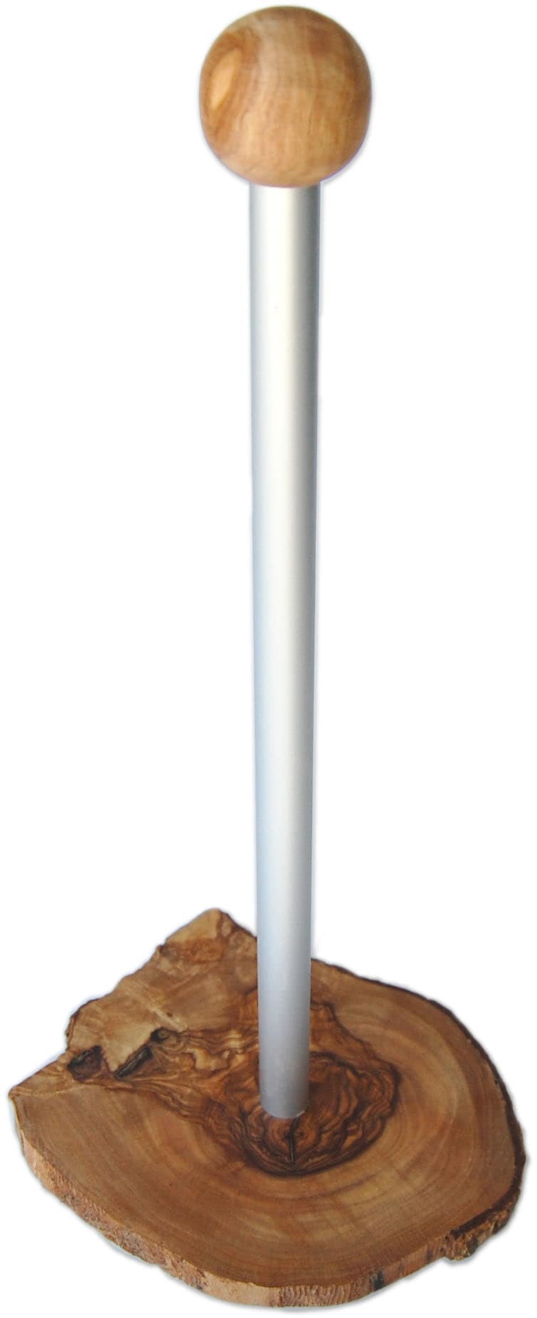 Olivenholz-erleben Küchenrollenhalter »KLASSIK mit Alustange und Olivenholz«, (1 St.), Standsicherer Fuß aus rustikaler Olivenholzscheibe, Höhe ca. 32 cm