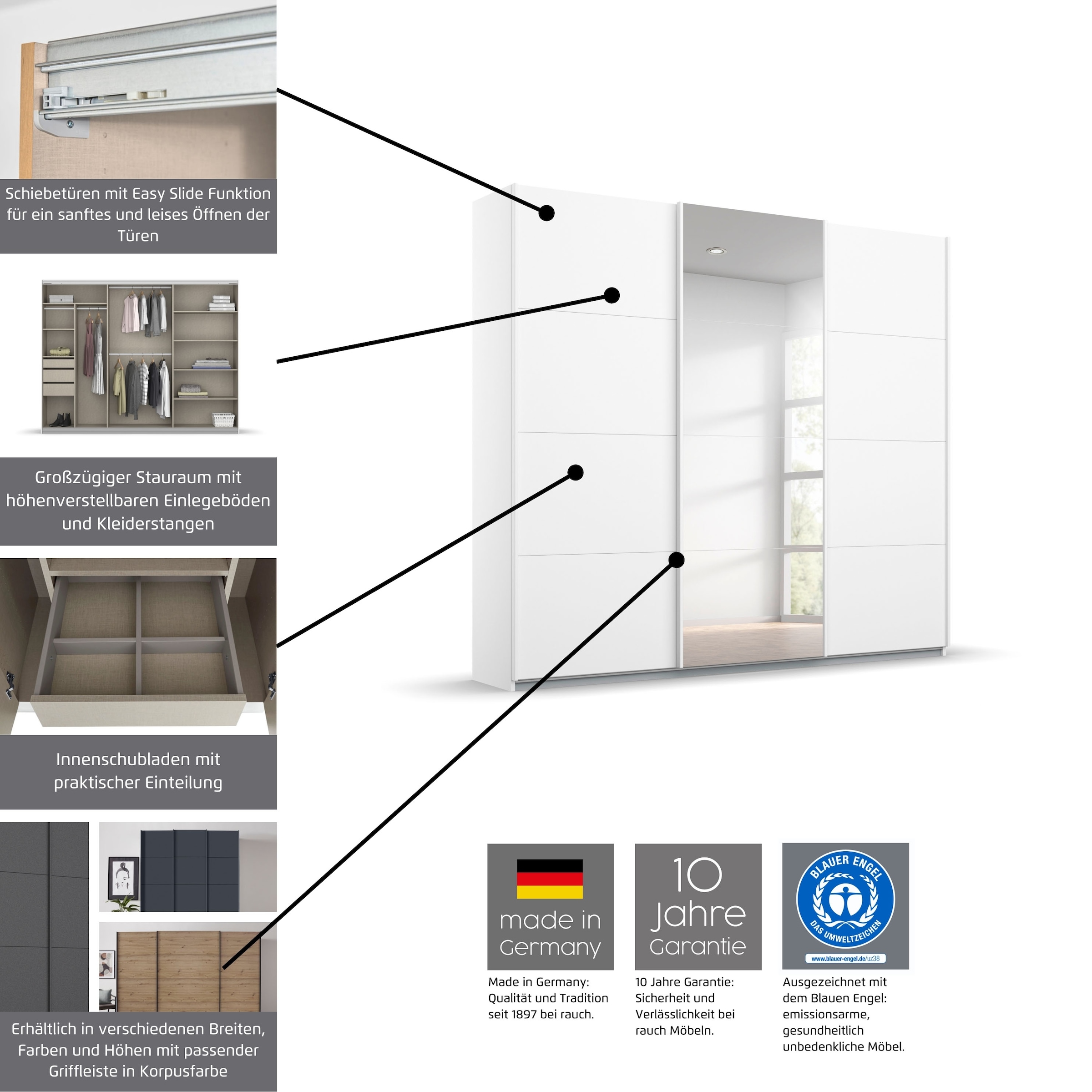 rauch Schwebetürenschrank »Kleiderschrank Schrank Garderobe TOPSELLER OTELI inkl. Inneneinteilung«, mit 3 Innenschubladen sowie zusätzlichen Einlegeböden MADE IN GERMANY