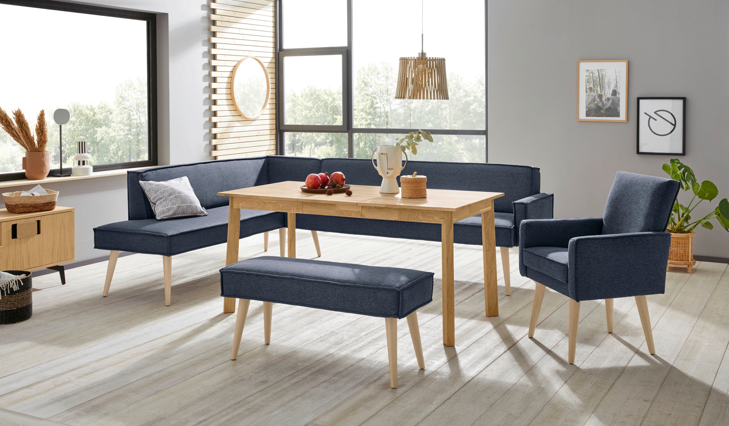 exxpo - sofa fashion Eckbank »Lungo, moderne Kedernaht, bequem und elegant, hoher Holzfuß«, hochwertige Detailverarbeitung, frei im Raum stellbar