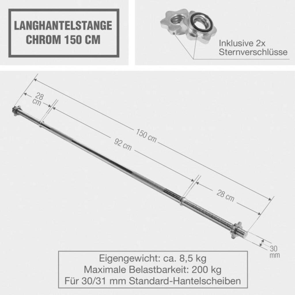 GORILLA SPORTS Langhantelstange »Langhantelstange Chrom 150 cm«, Chrom, 150 cm, (1 x Langhantelstange (100067), inkl.:
2 x Sternverschluss)