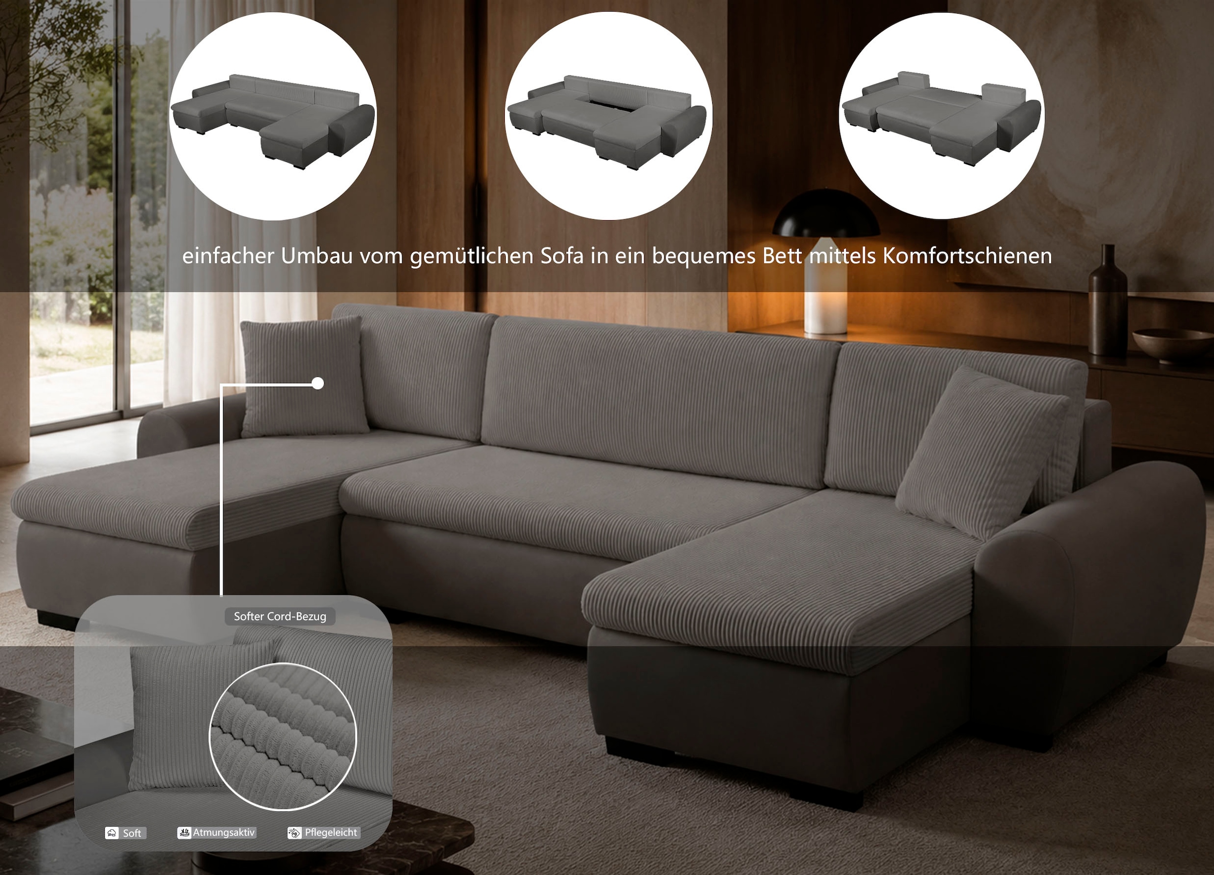 OTTO home Wohnlandschaft »KIVELLA  mit Schlaffunktion, Cord-Struktur, U-Form, 307 cm« Schlafsofa - Liegefläche (128/257), Bettkasten, Cord-Struktur-Mix