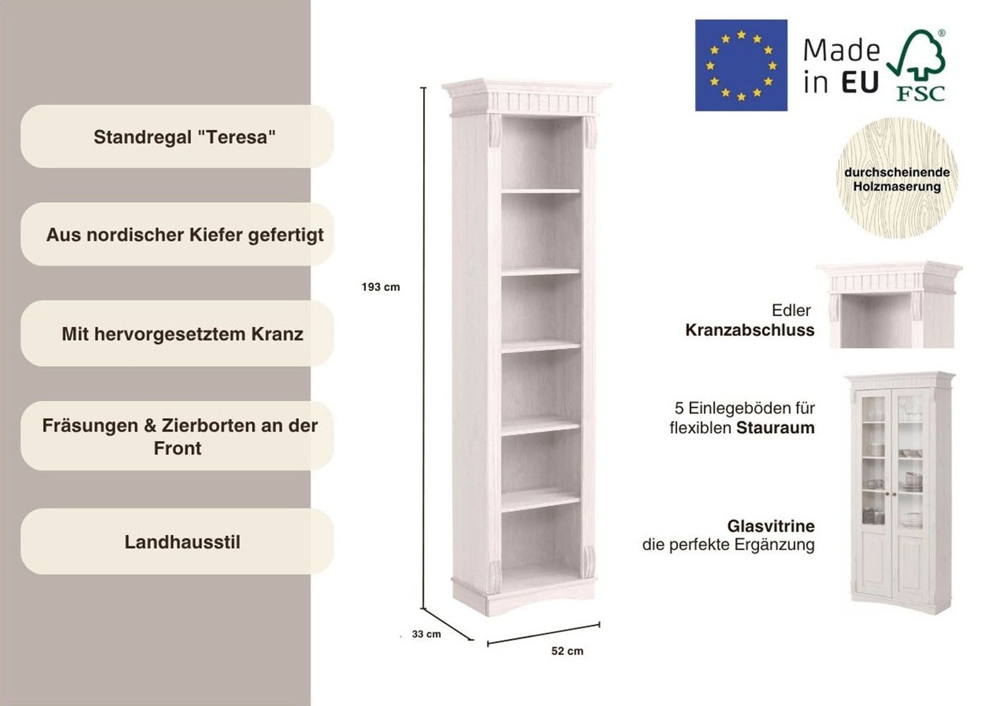 Home affaire Standregal »Teresa«, Höhe 193 cm, aus massiver Kiefer, FSC®