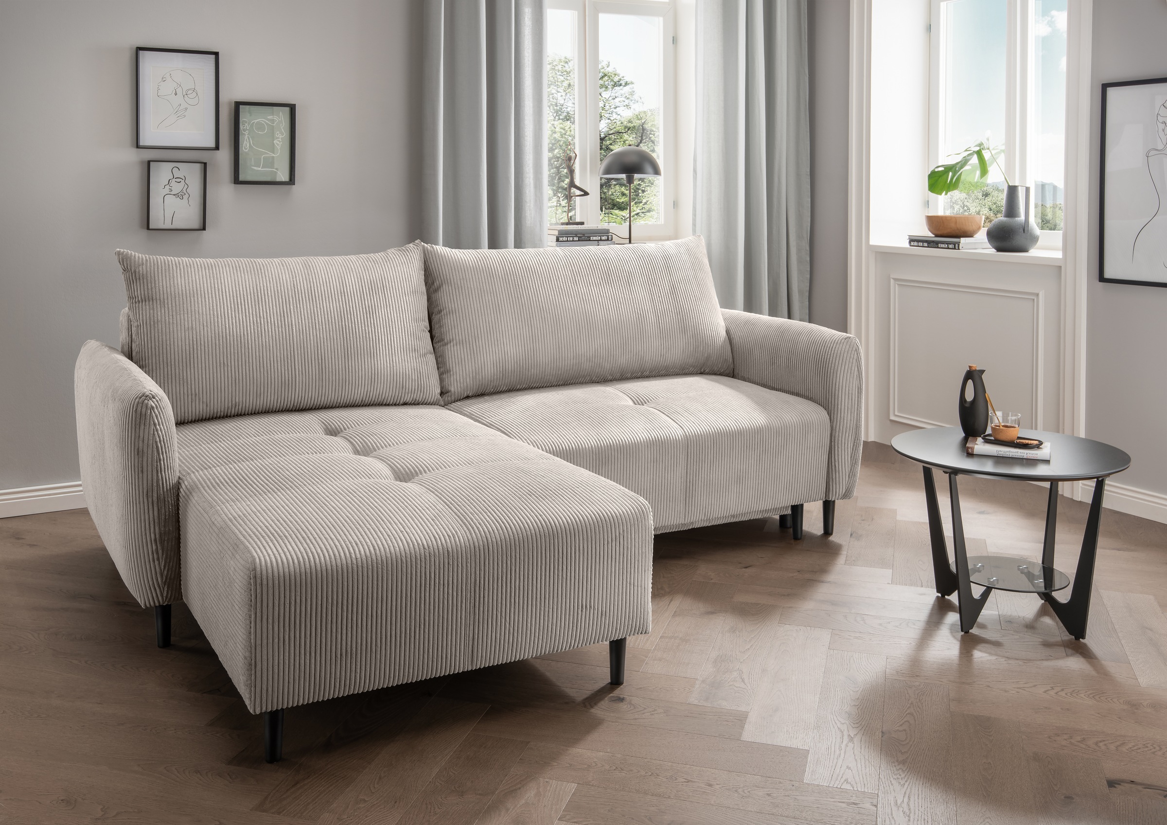 INOSIGN Ecksofa »Mara, L-Form, aktueller Cord Bezug und tolle Farben, schmale Armlehnen«, whlw. mit Bettfunktion,Recamiere links/rechts montierbar, Breite 238cm