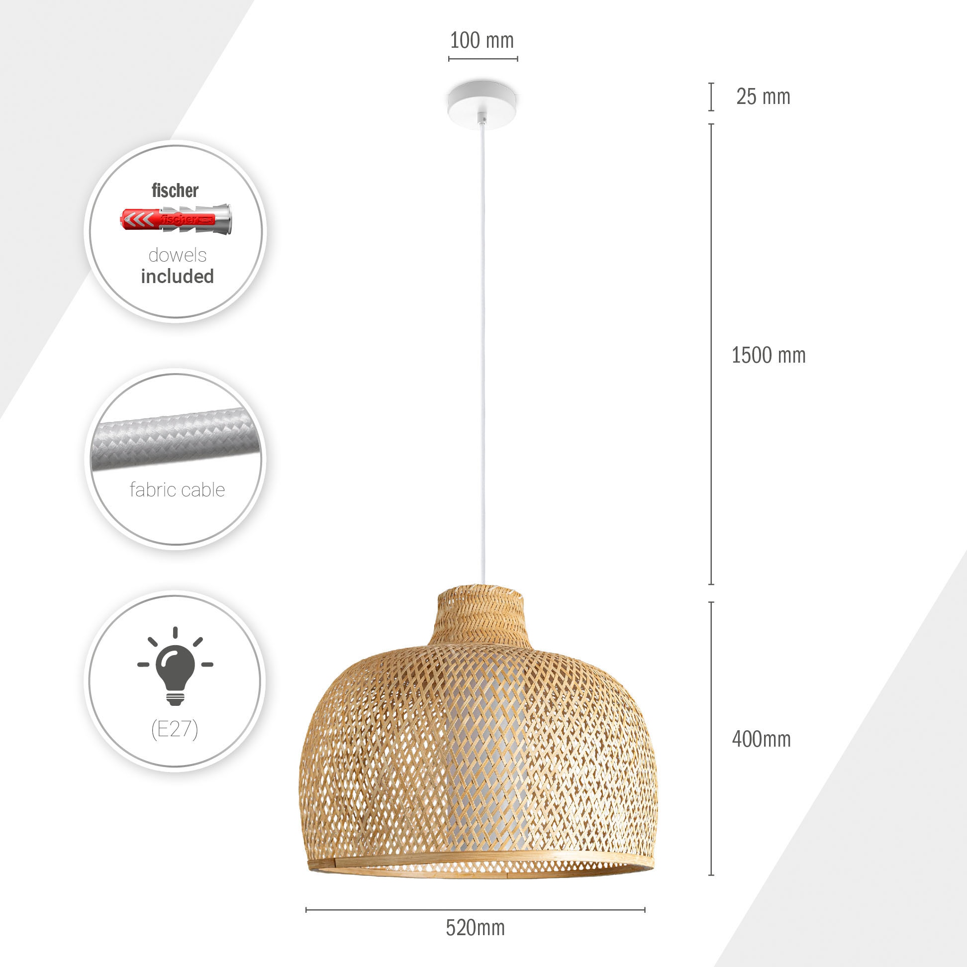LED Pendellampe Korblampen Rustikal Bambus »TOPU«, E27 3 Pendelleuchte Garantie XXL mit Wohnzimmer kaufen Home online Boho Lampe Paco Jahren |