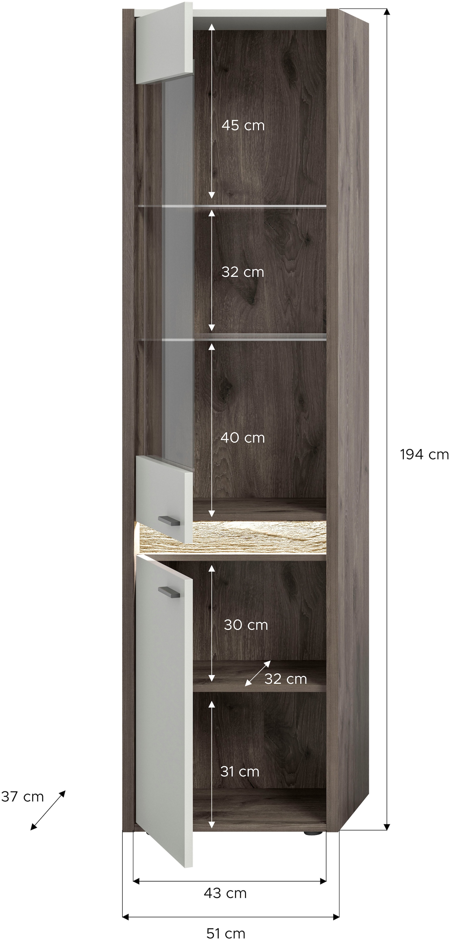 INOSIGN Vitrine »Treviso, Höhe 198 cm, inkl. Frontbeleuchtung, 2 Türen, 2 Glasböden«, 1 Einlegeboden, Standvitrine, Glasvitrine, Vitrinenschränke