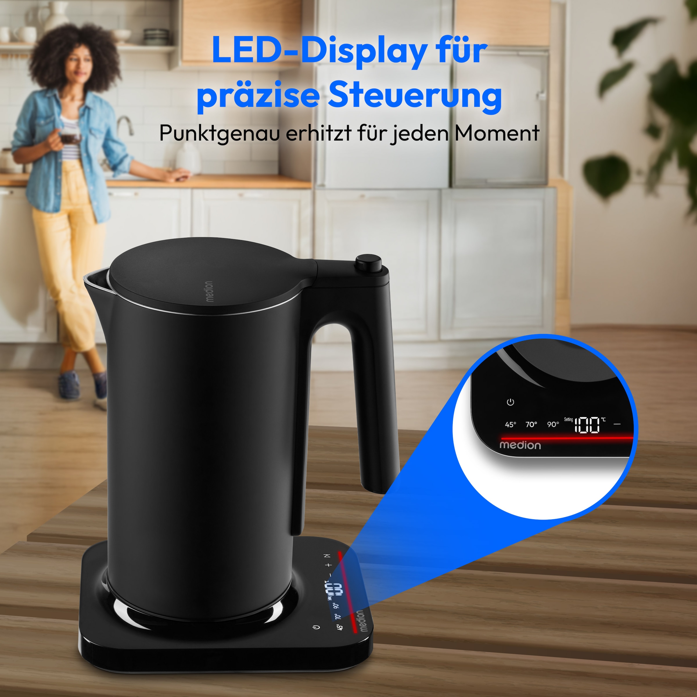 Medion® Wasserkocher »MD12106« 1,5 l 2200 W 2.200 W, 1,5 L, LED-Display, Sensor-Touch Bedienung, Kindersicherung