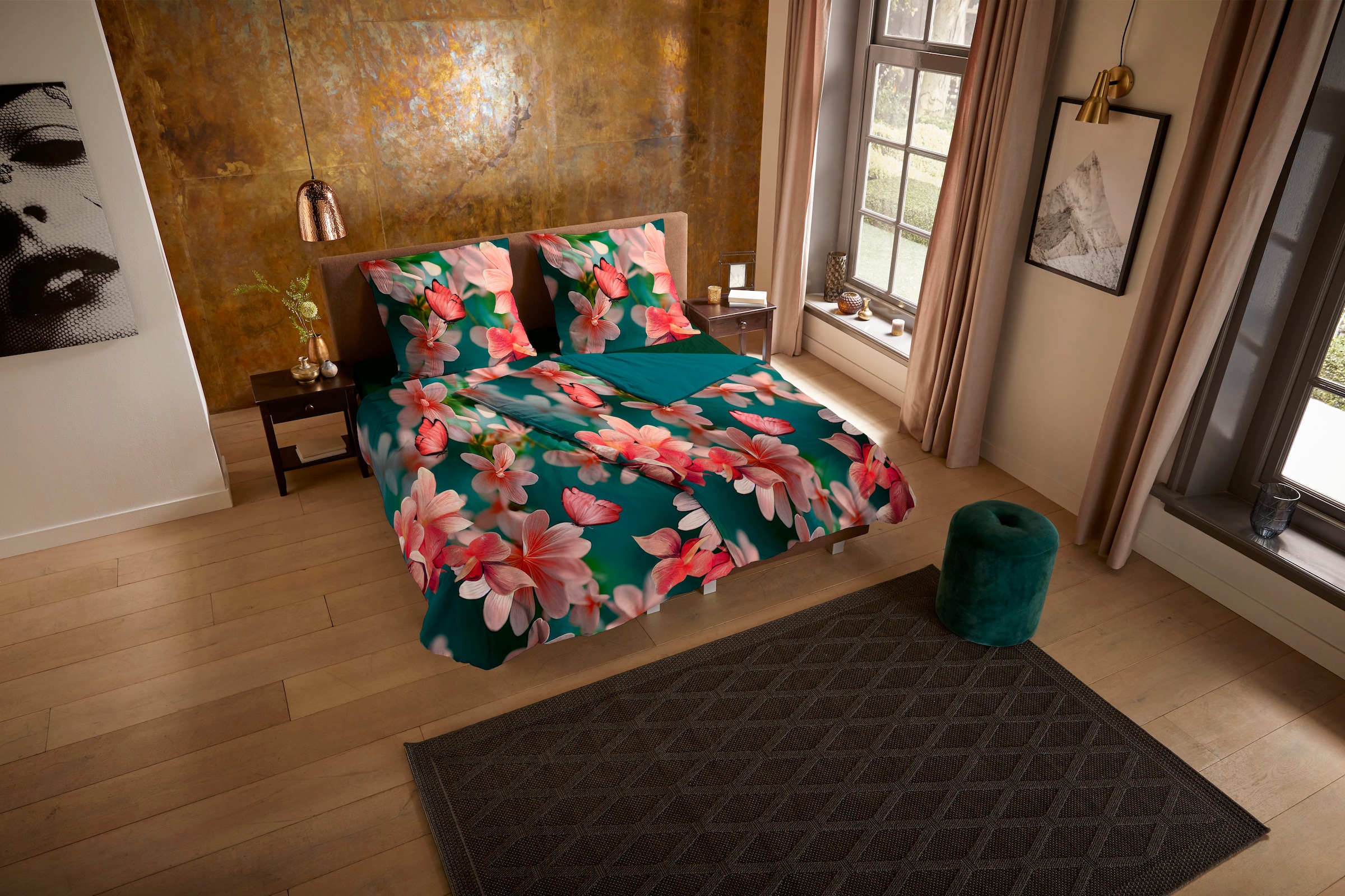 PURE luxury collection Wendebettwäsche »Yeya«, Mikrofaser, 135x200, Pflegeleicht Reißverschluss, Wende, Blumen Petrol