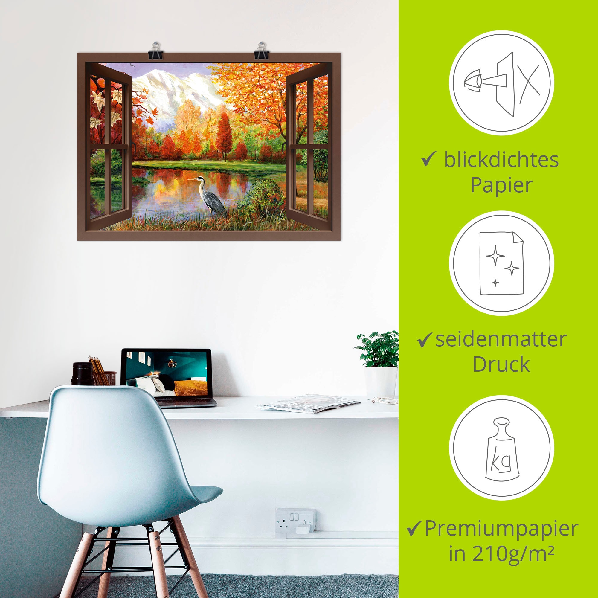 Artland Wandbild »Herbst am See Ausblick«, Fensterblick, (1 St.), als Leinwandbild, Poster in verschied. Größen