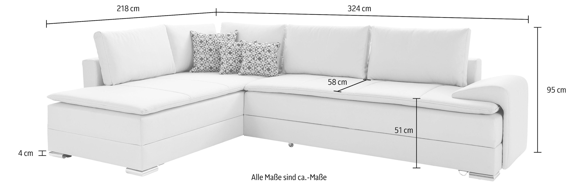 INOSIGN Ecksofa »Night & Day L-Form, B: 324 cm« mit Bettfunktion, Bettkasten & 3 Zierkissen, Boxspringbett 180x200 cm