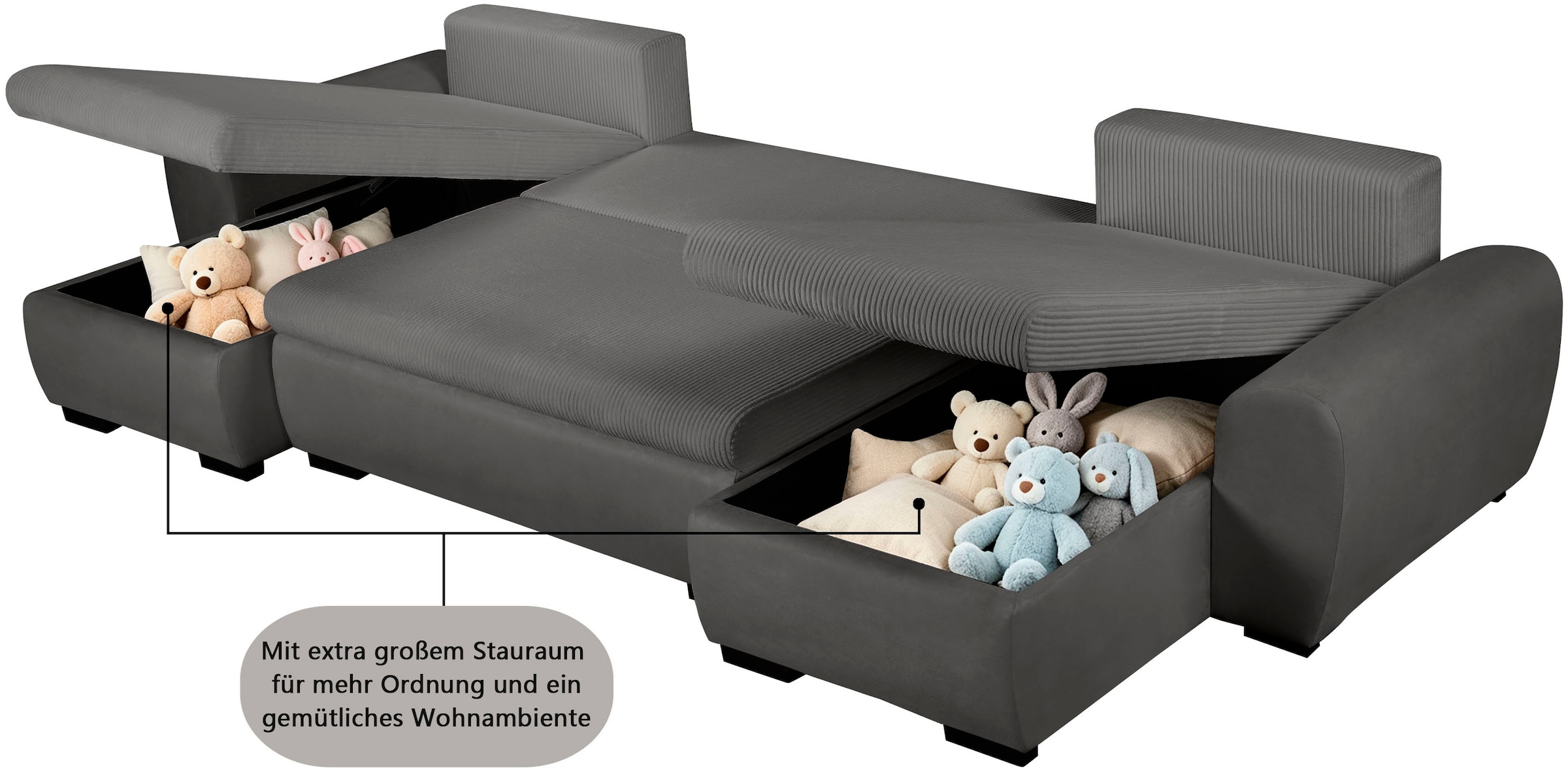 OTTO home Wohnlandschaft »KIVELLA  mit Schlaffunktion, Cord-Struktur, U-Form, 307 cm« Schlafsofa - Liegefläche (128/257), Bettkasten, Cord-Struktur-Mix